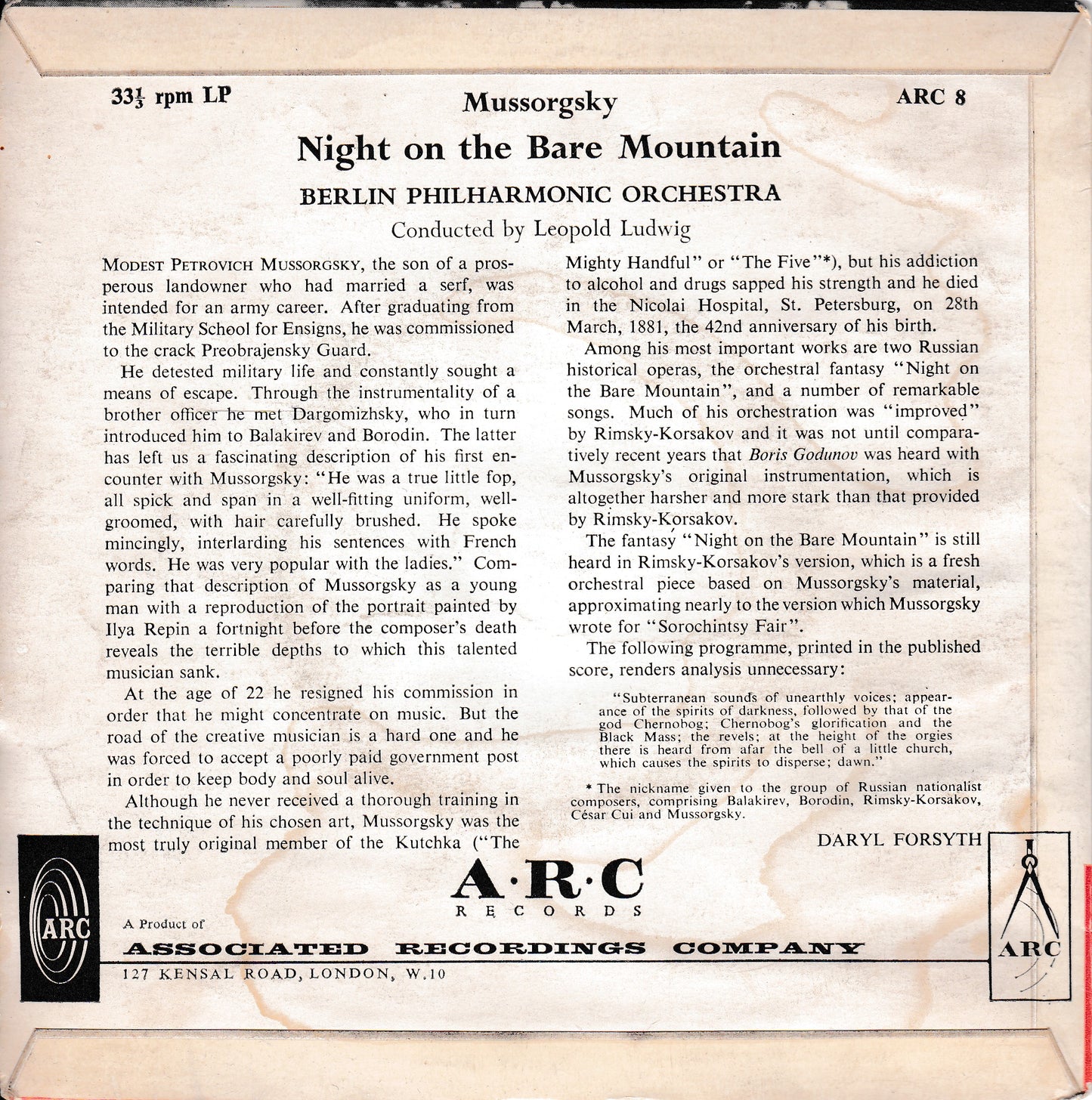 Mussorgsky – Night On The Bare Mountain (Arc 1962) 7" vinyl P/S EP G+/G+