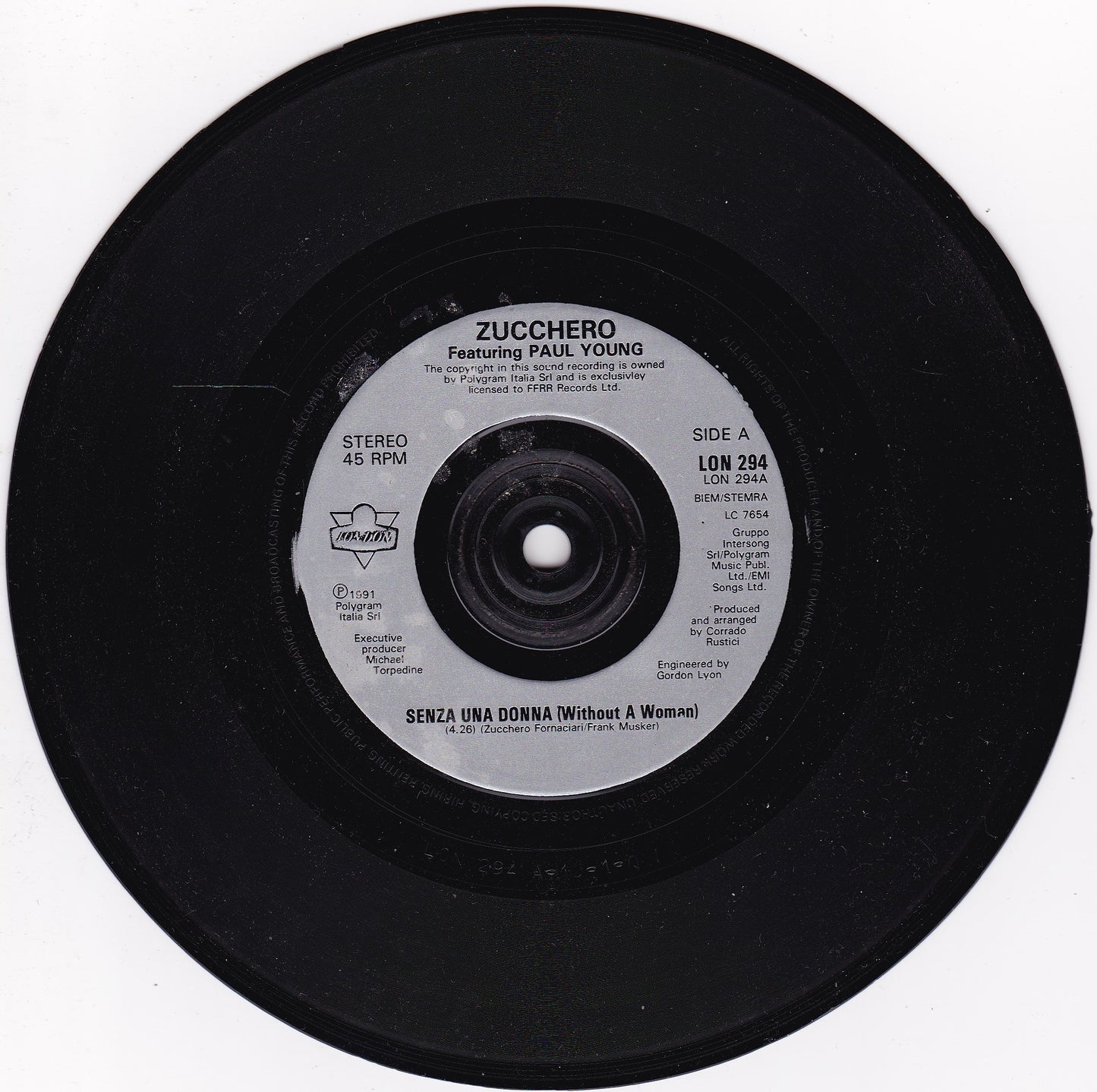 Zucchero, Paul Young – Senza Una Donna (Without A Woman) (London 1991) 7" vinyl single VG/-