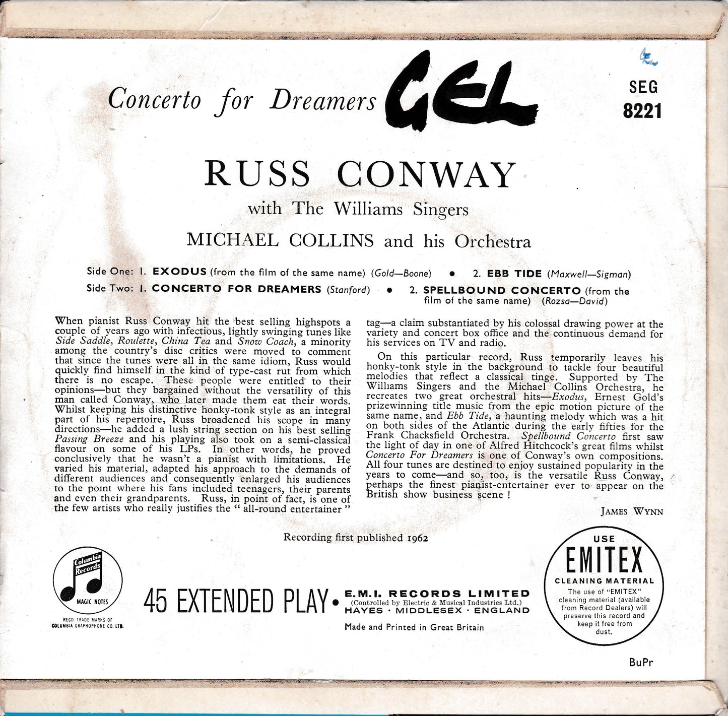 Russ Conway – Concerto For Dreamers No.2 (Columbia 1962) 7" vinyl P/S EP VG/VG