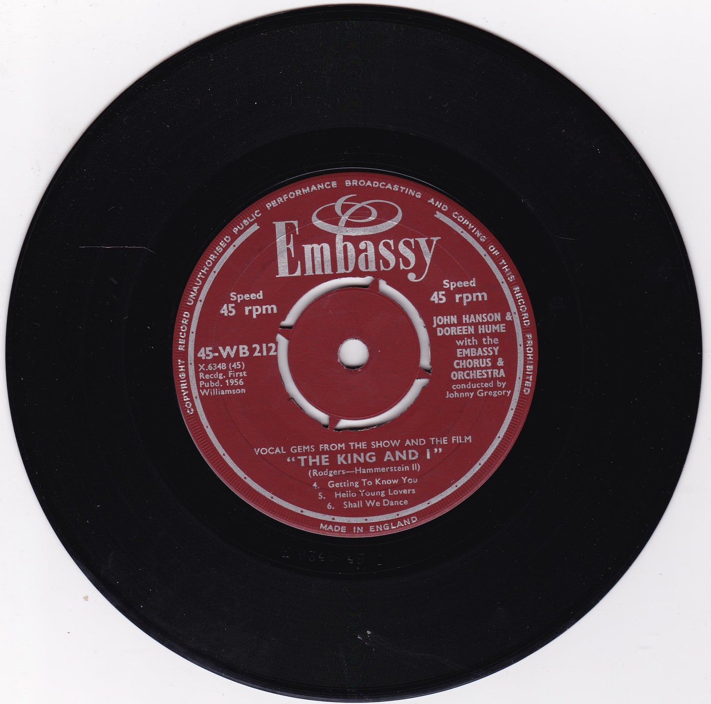 John Hanson, Doreen Hume - The King And I (Embassy 1958) 7" vinyl single VG/G