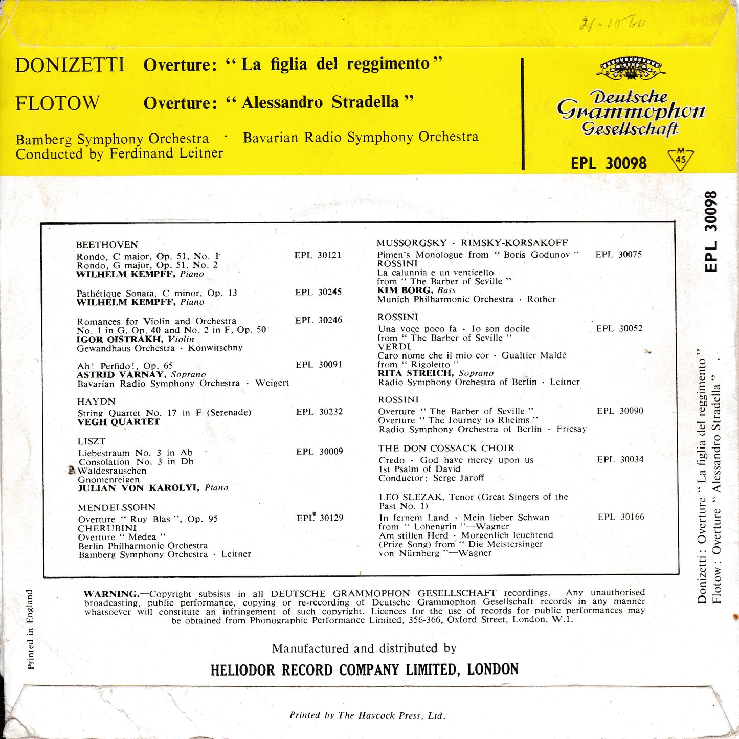 Donizetti - La Figlia Del Reggimento (Deutsche Grammophon) 7" vinyl EP VG/G+