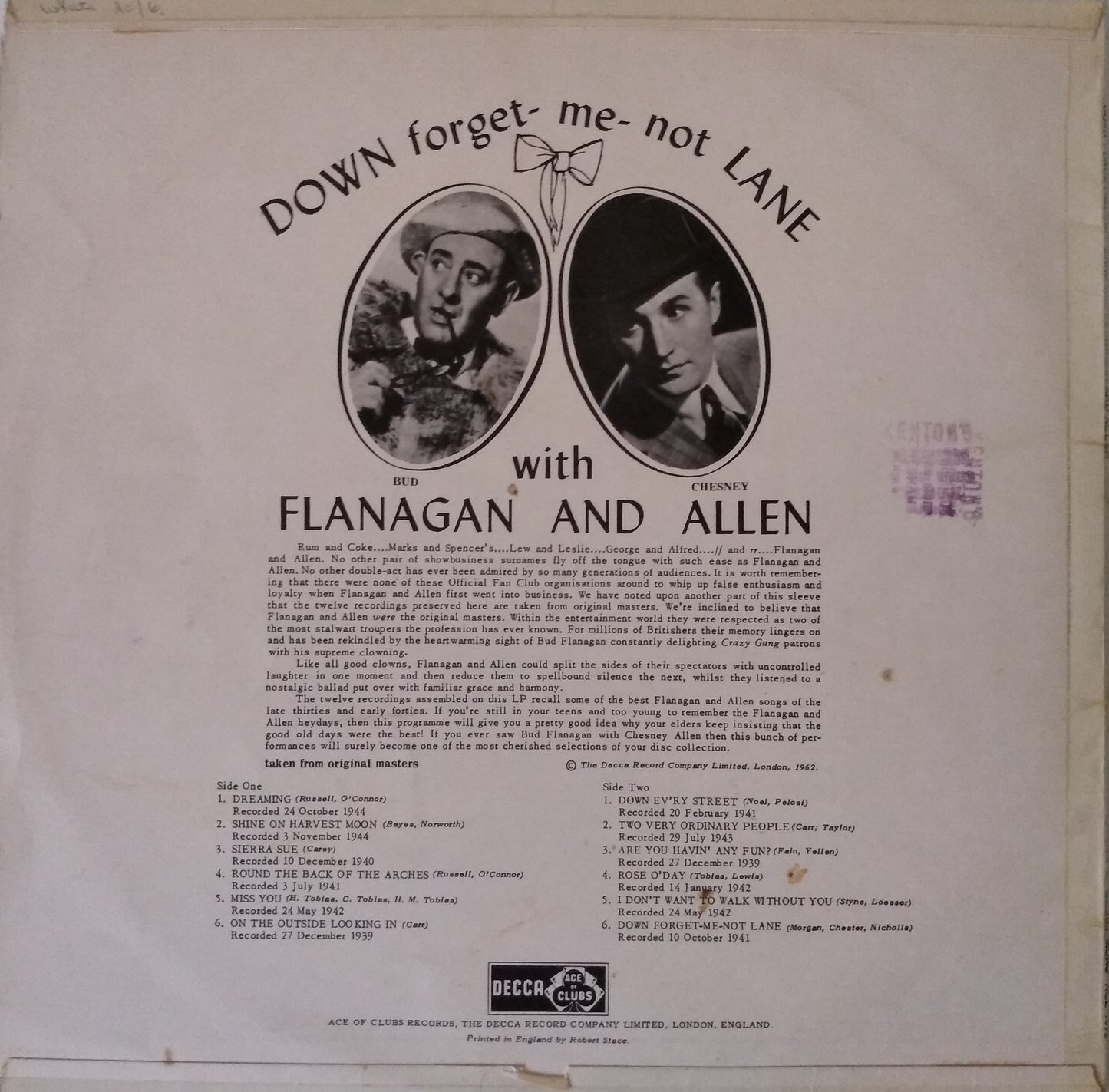 Flanagan & Allen – Down Forget-Me-Not Lane (Ace Of Clubs) 12" vinyl LP VG/VG