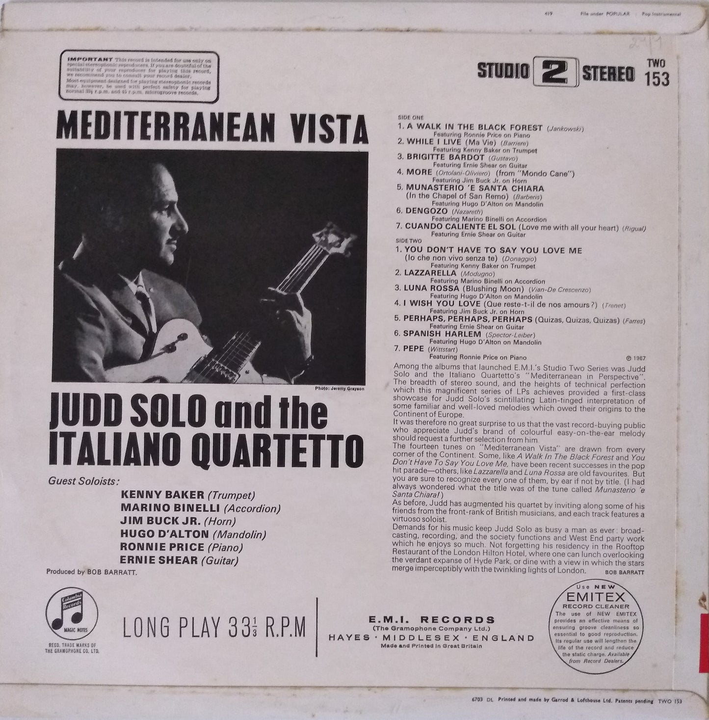 Judd Solo And The Italiano Quartetto – Mediterranean Vista (1967) 12" vinyl LP VG/VG