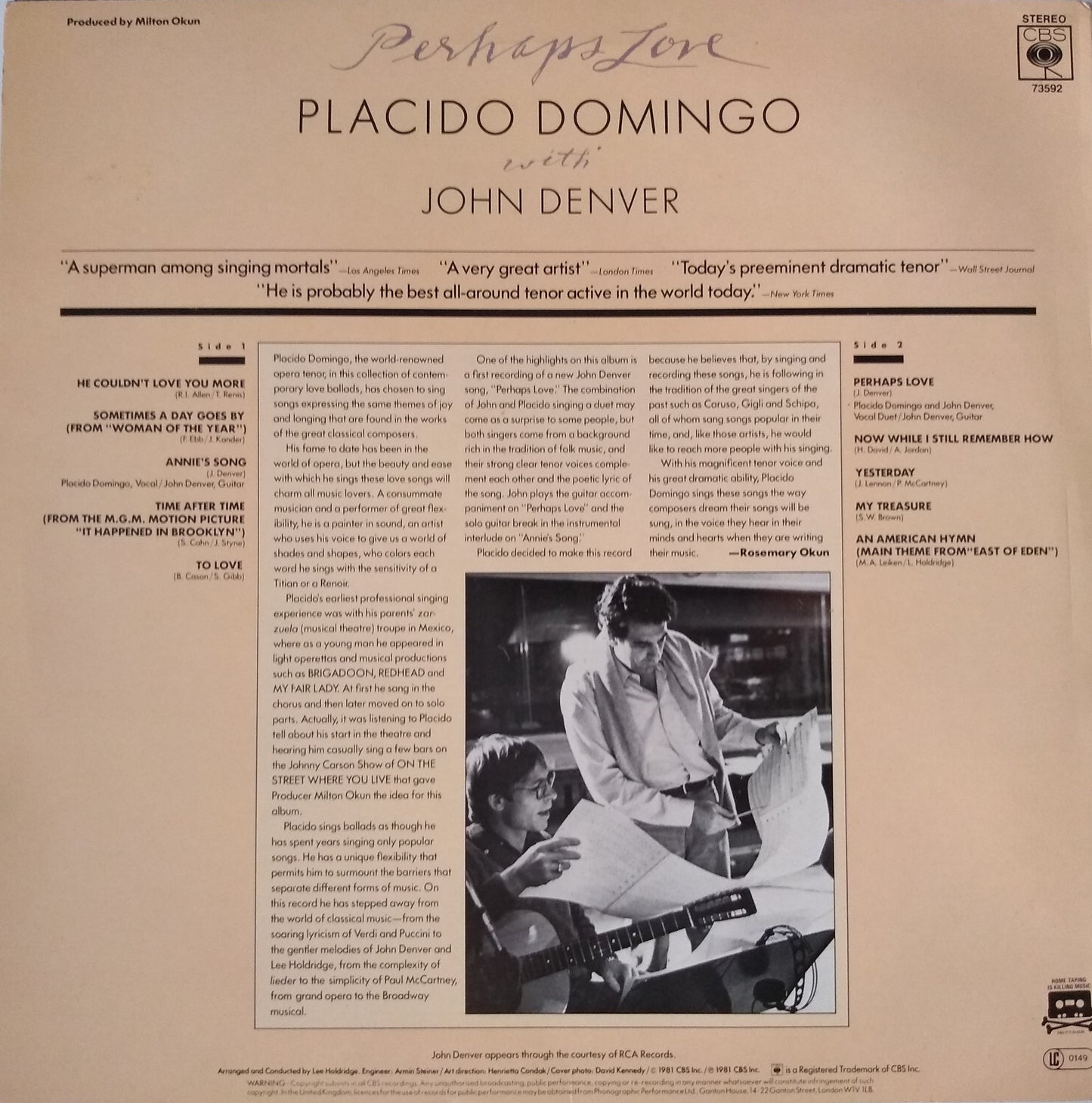 Placido Domingo With John Denver – Perhaps Love (CBS 1981) 12" vinyl LP VG/VG