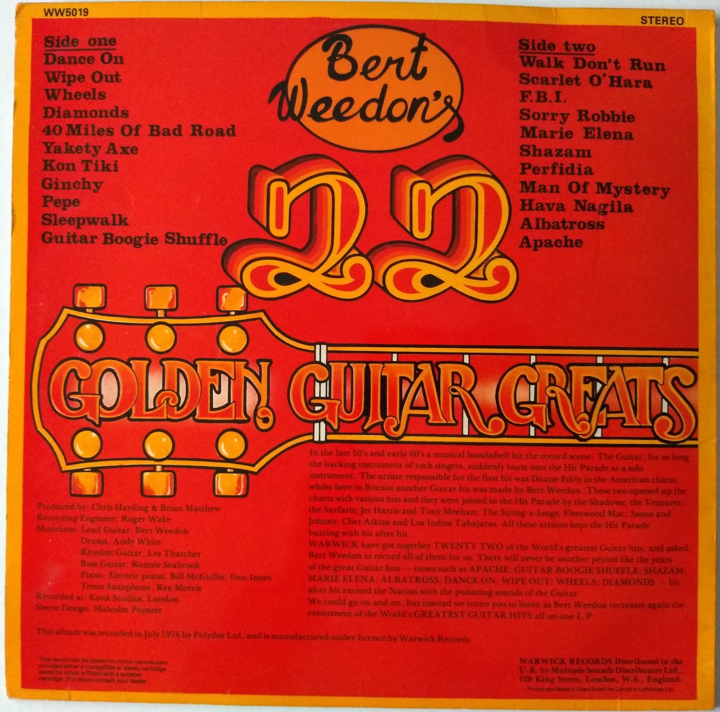 Bert Weedon – Bert Weedon's 22 Golden Guitar Greats (Warwick 1976) 12" vinyl LP VG/VG