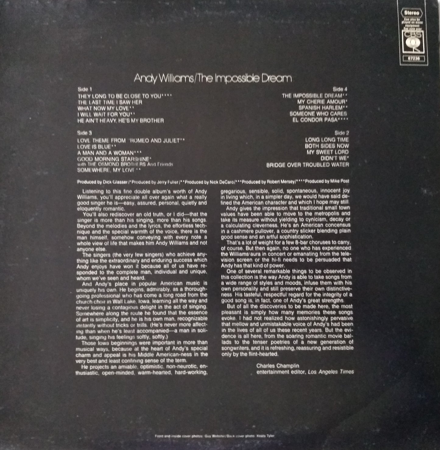 Andy Williams – The Impossible Dream (CBS 1971) 2x12" vinyl LP VG/VG