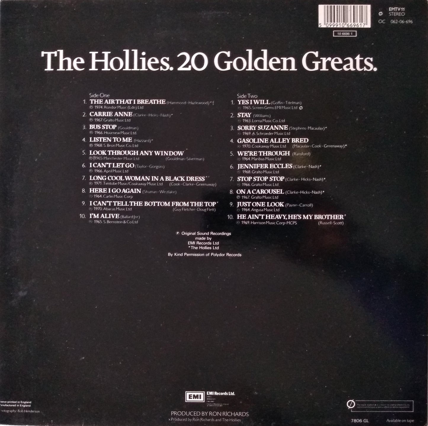 The Hollies – 20 Golden Greats (EMI) 12" vinyl LP VG/VG