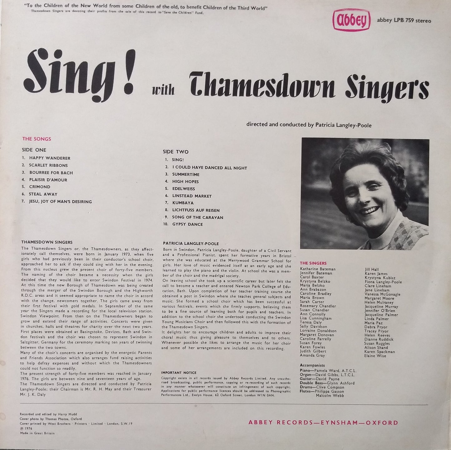 Sing! - The Thamesdown Singers (Abbey 1976) 12" vinyl LP VG/VG