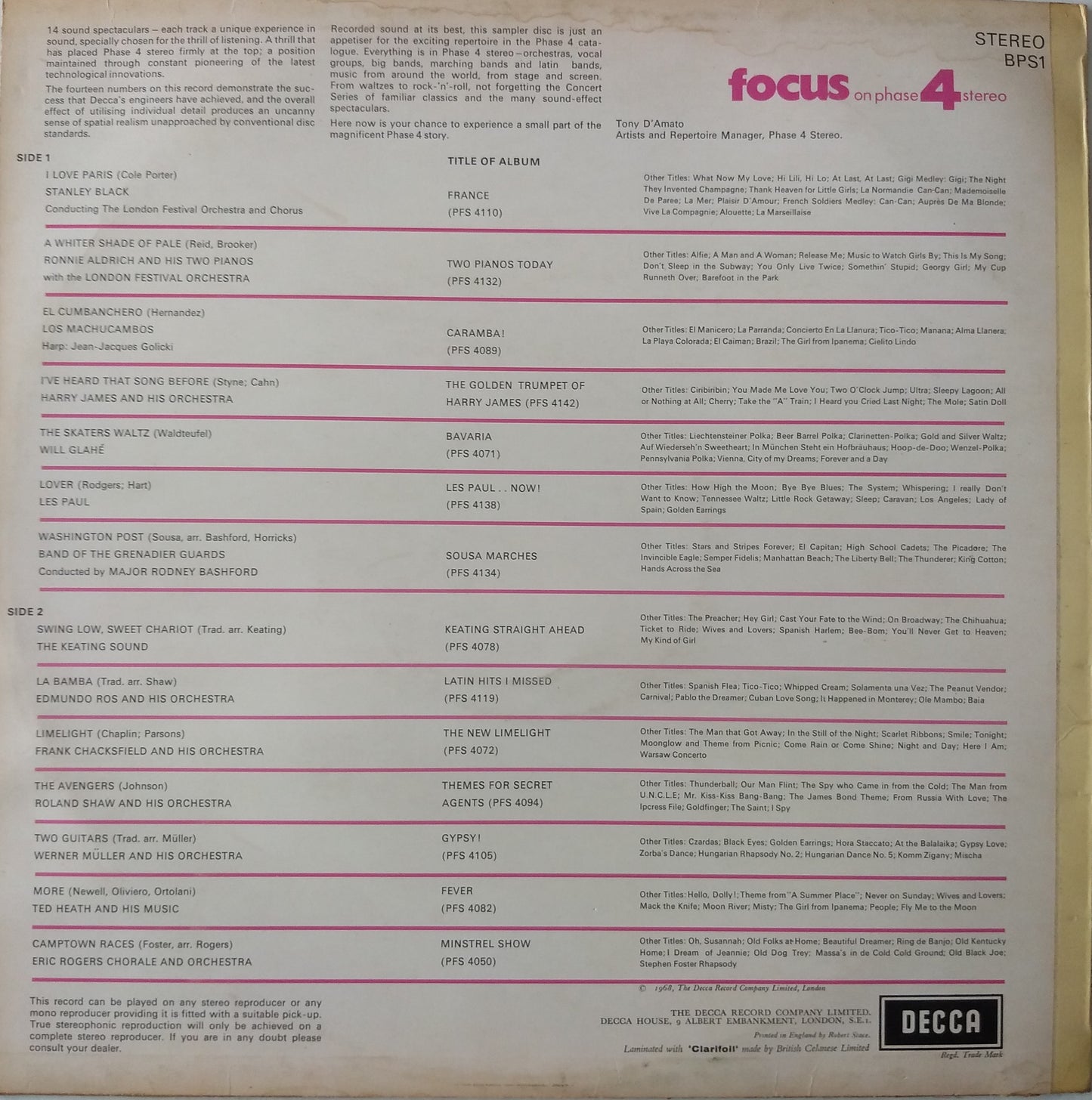 Various – Focus On Phase 4 Stereo (Decca 1968) 12" vinyl LP VG/VG
