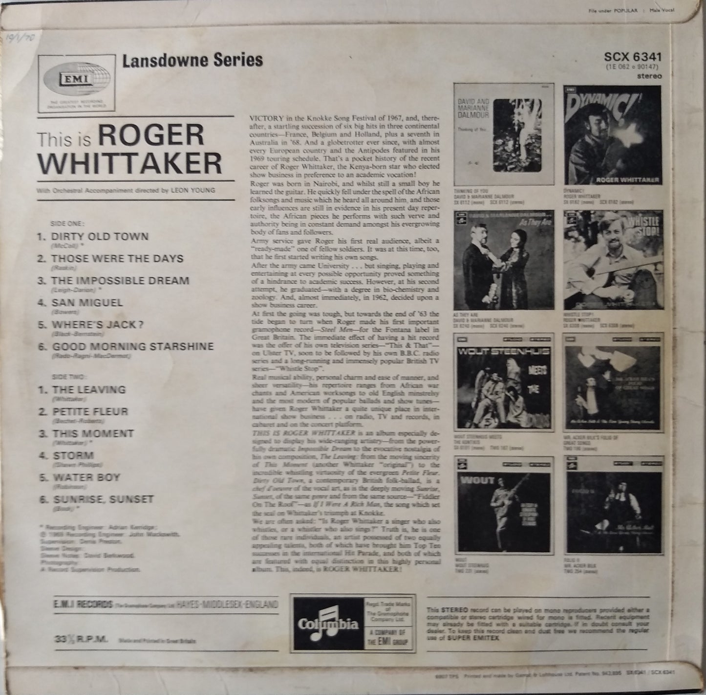 Roger Whittaker – This is Roger Whittaker (EMI 1969) 12" vinyl LP VG/VG