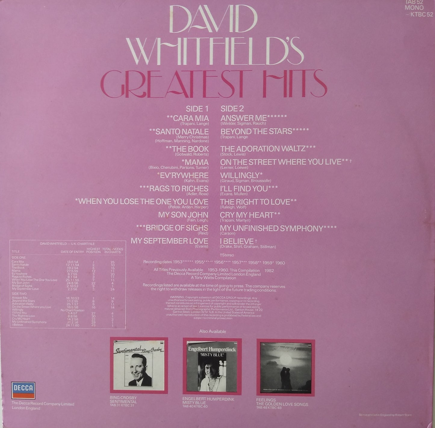 David Whitfield – Greatest Hits (Decca 1982) 12" vinyl LP VG/VG