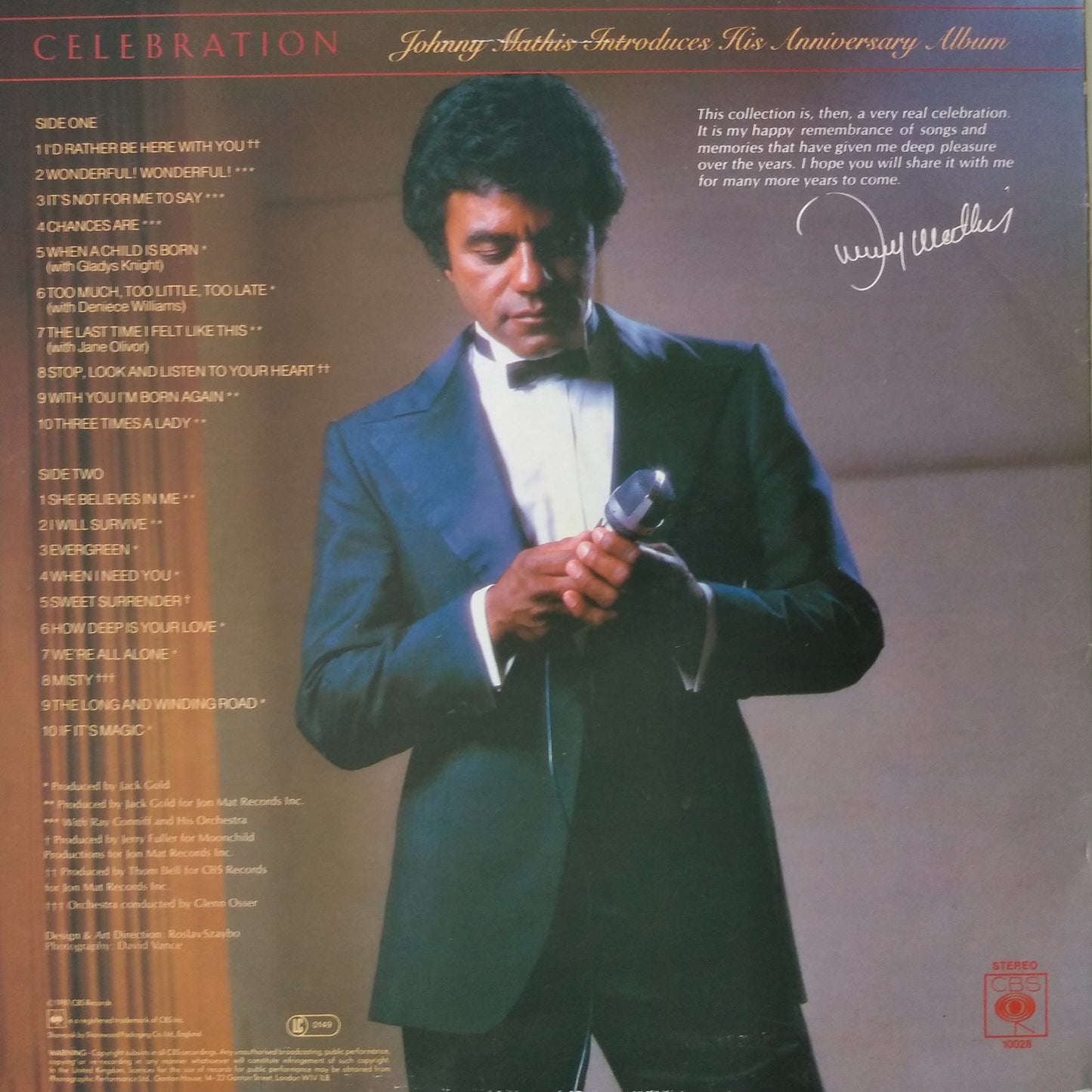 Johnny Mathis – Celebration (The Anniversary Album) (CBS 1981) 12" vinyl LP VG/VG