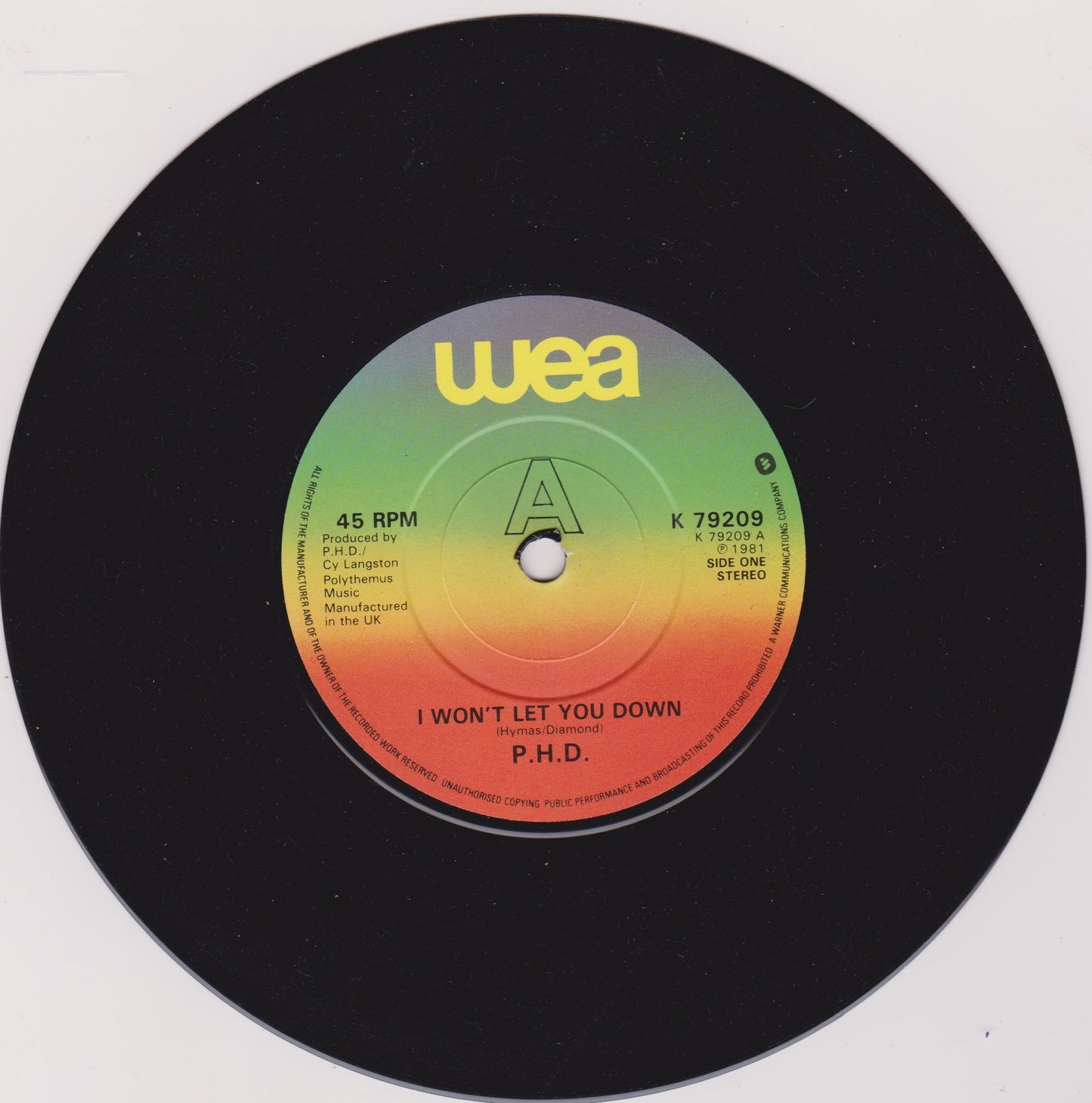Ph.D. – I Won't Let You Down (WEA 1982) 7" vinyl P/S single VG/VG