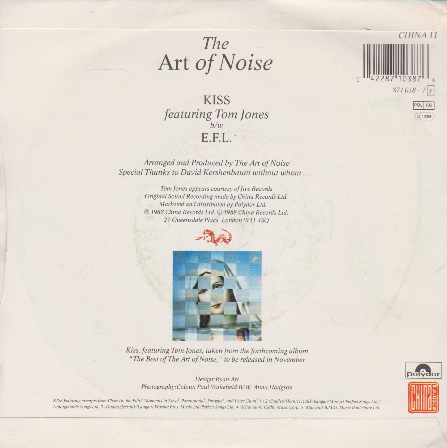 The Art Of Noise Featuring Tom Jones – Kiss (China 1988) 7" vinyl P/S single VG/VG