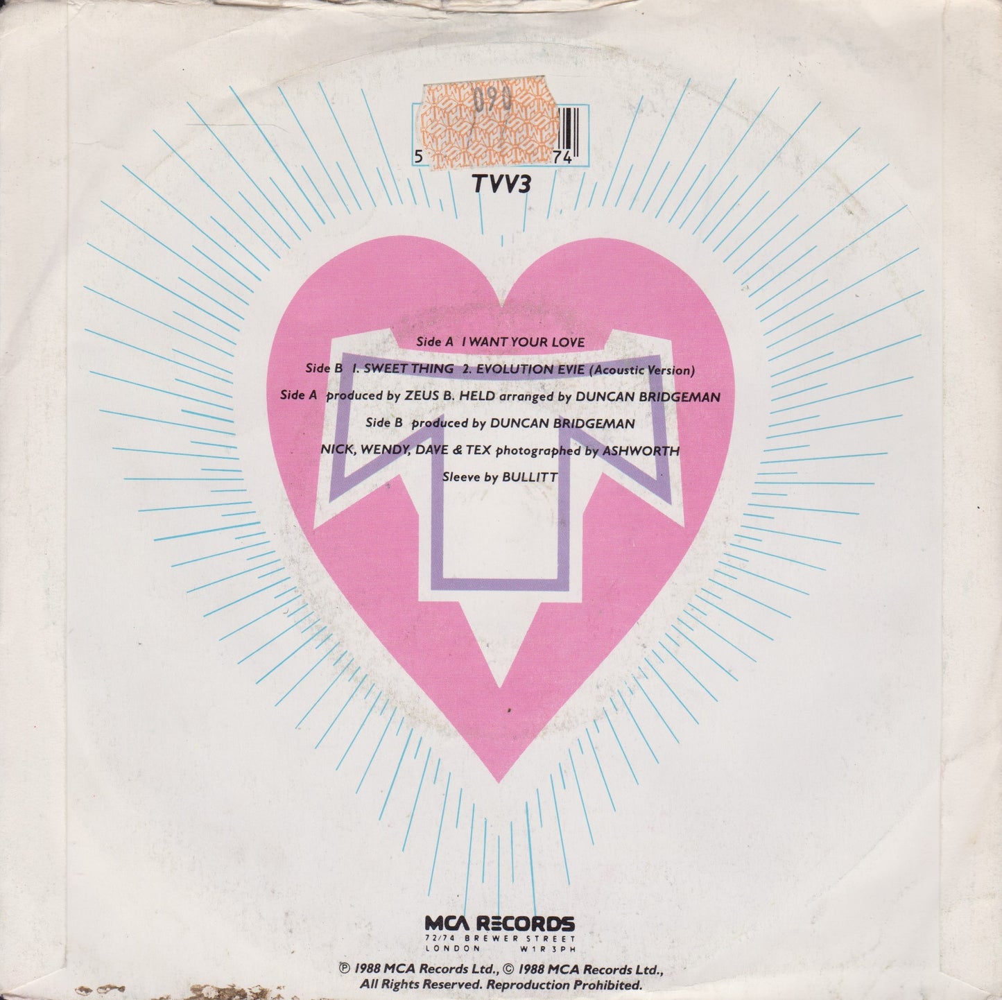 Transvision Vamp – I Want Your Love (MCA 1988) 7" vinyl P/S single G+/VG jukebox