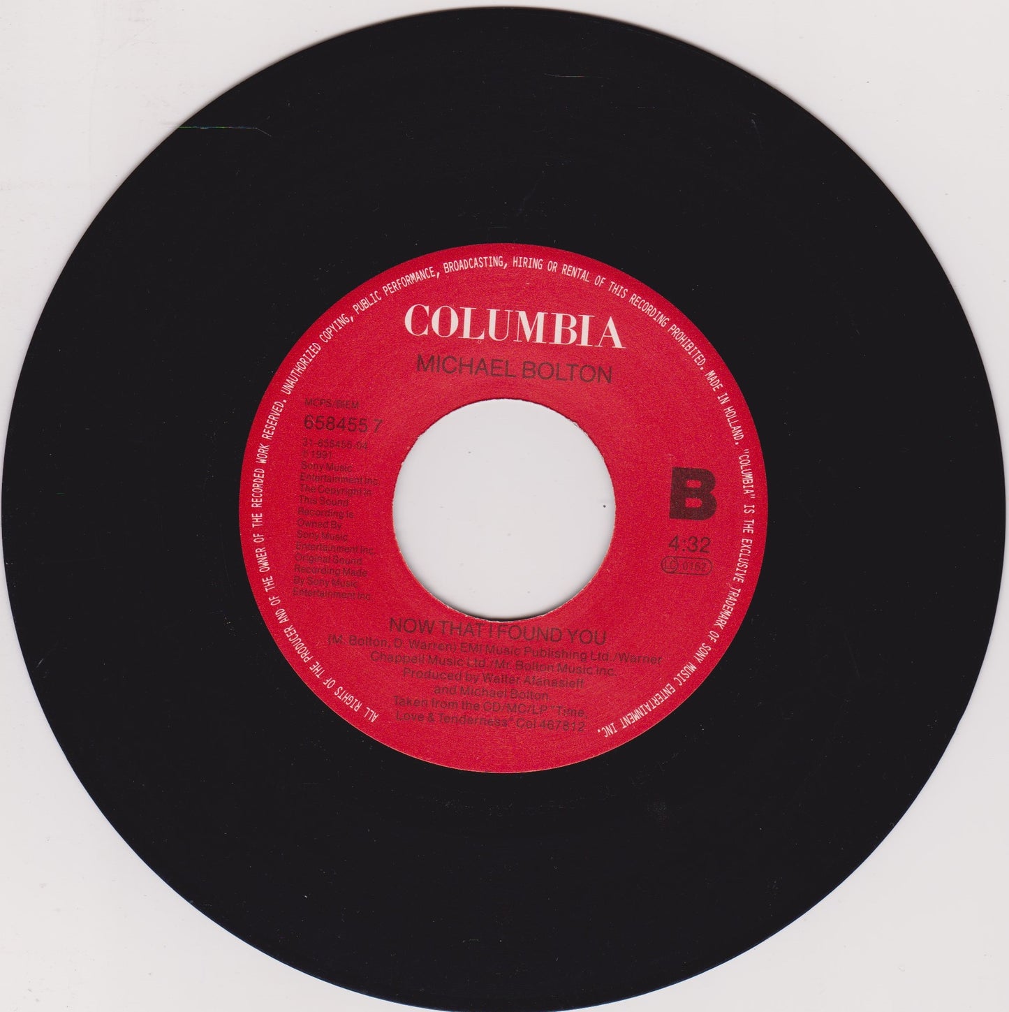 Michael Bolton - To Love Somebody (Columbia, 1992) 7" vinyl single VG/- jukebox