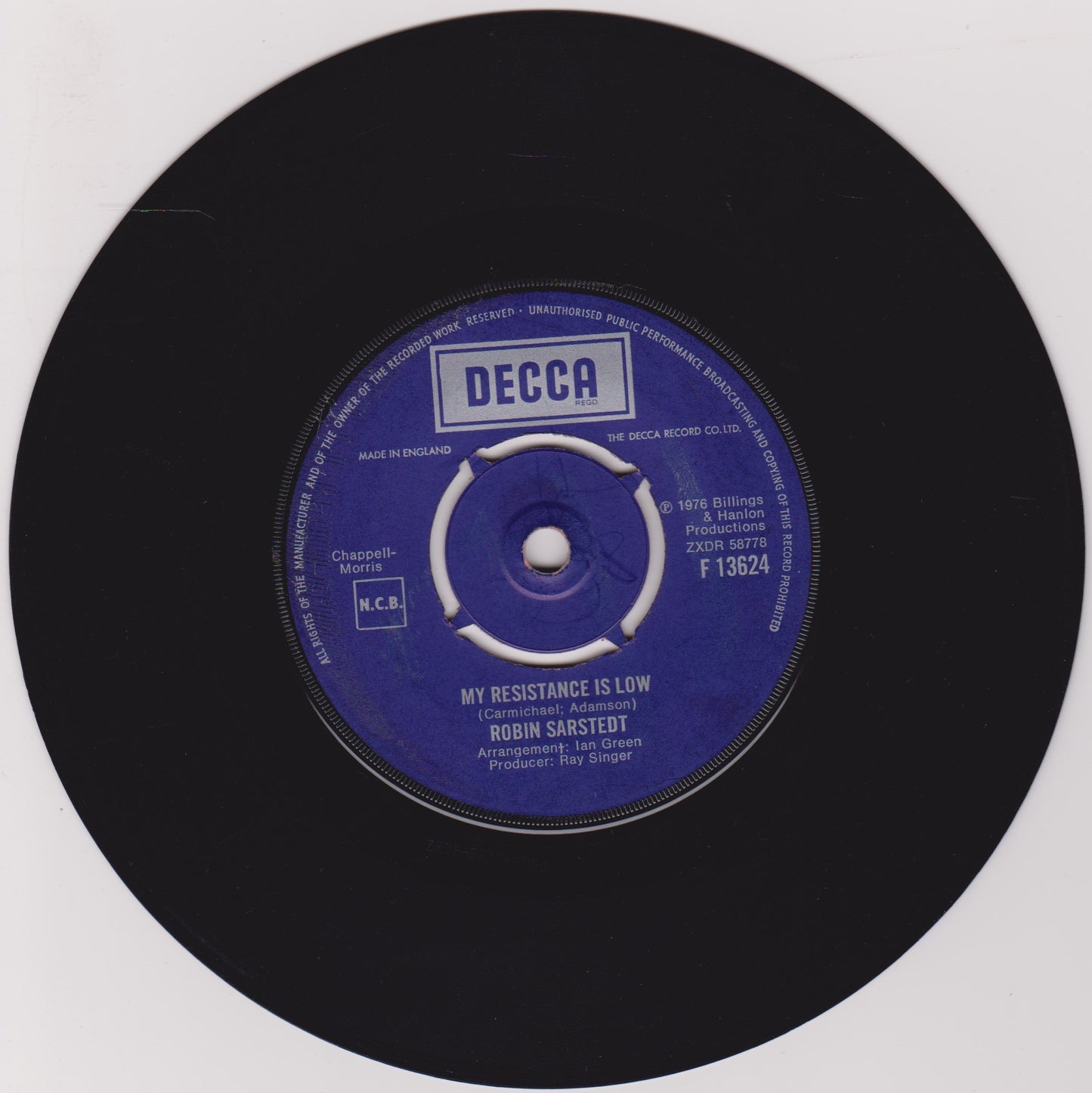 Robin Sarstedt – My Resistance Is Low (Decca 1976) 7" vinyl single VG/-