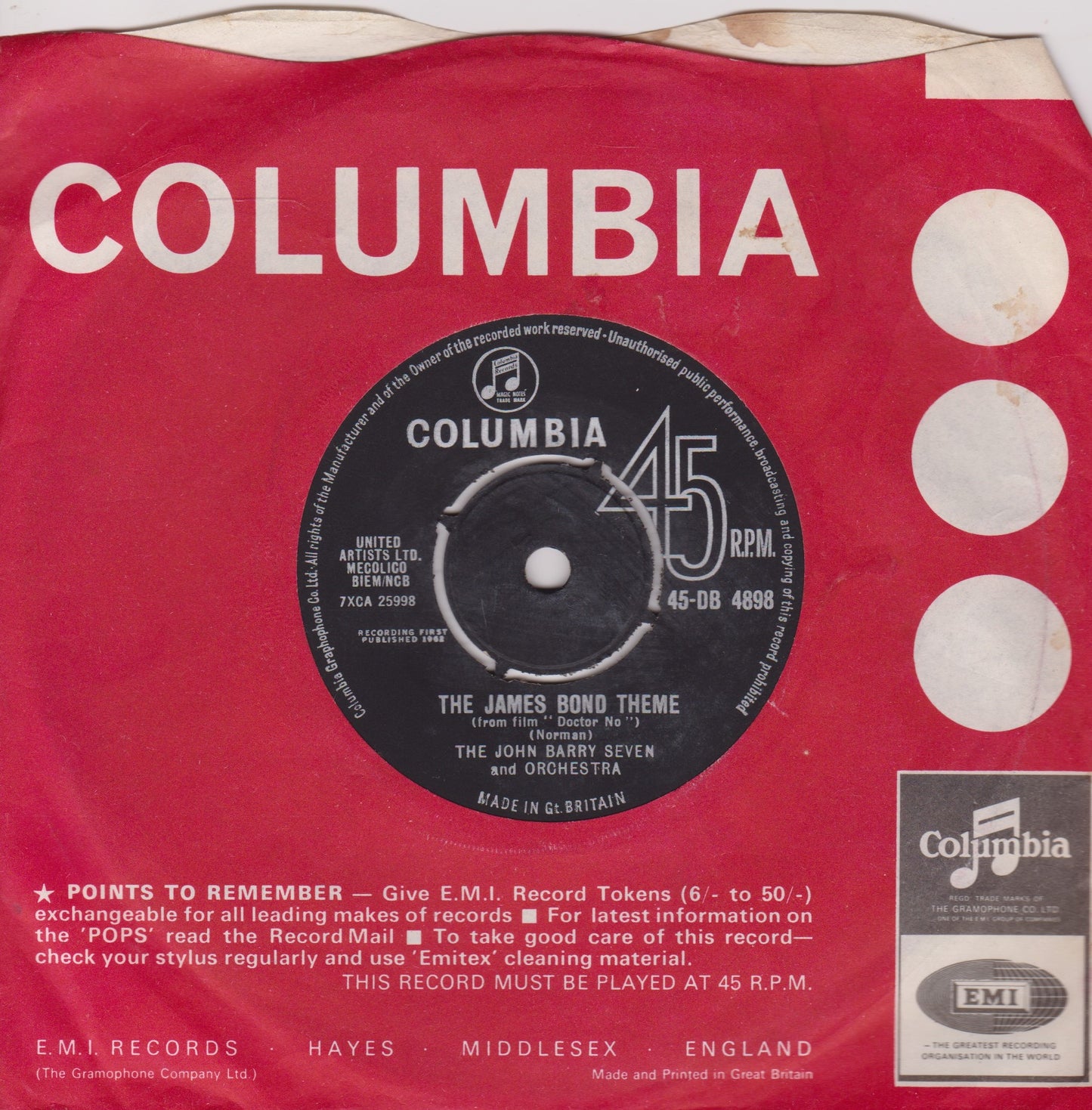 The John Barry Seven And Orchestra – The James Bond Theme 7" vinyl single VG/-