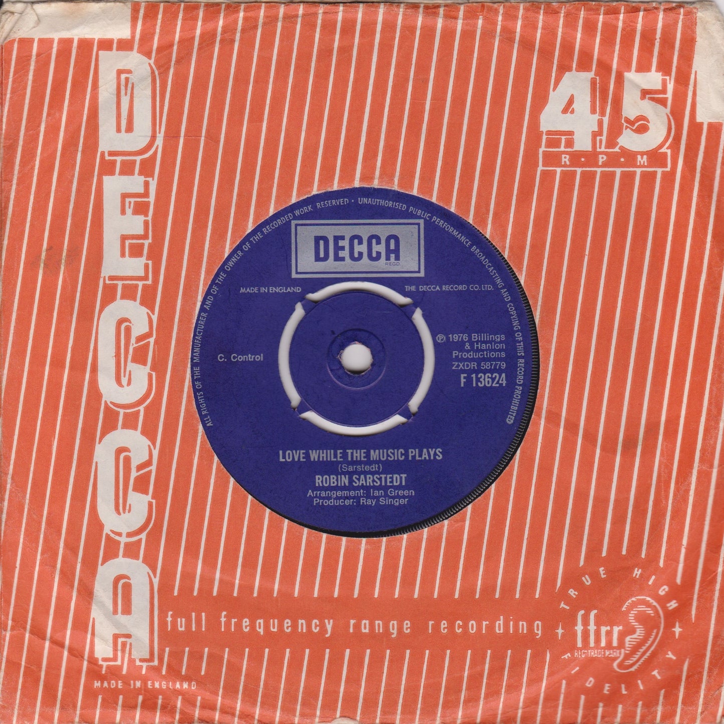 Robin Sarstedt – My Resistance Is Low (Decca 1976) 7" vinyl single VG/-