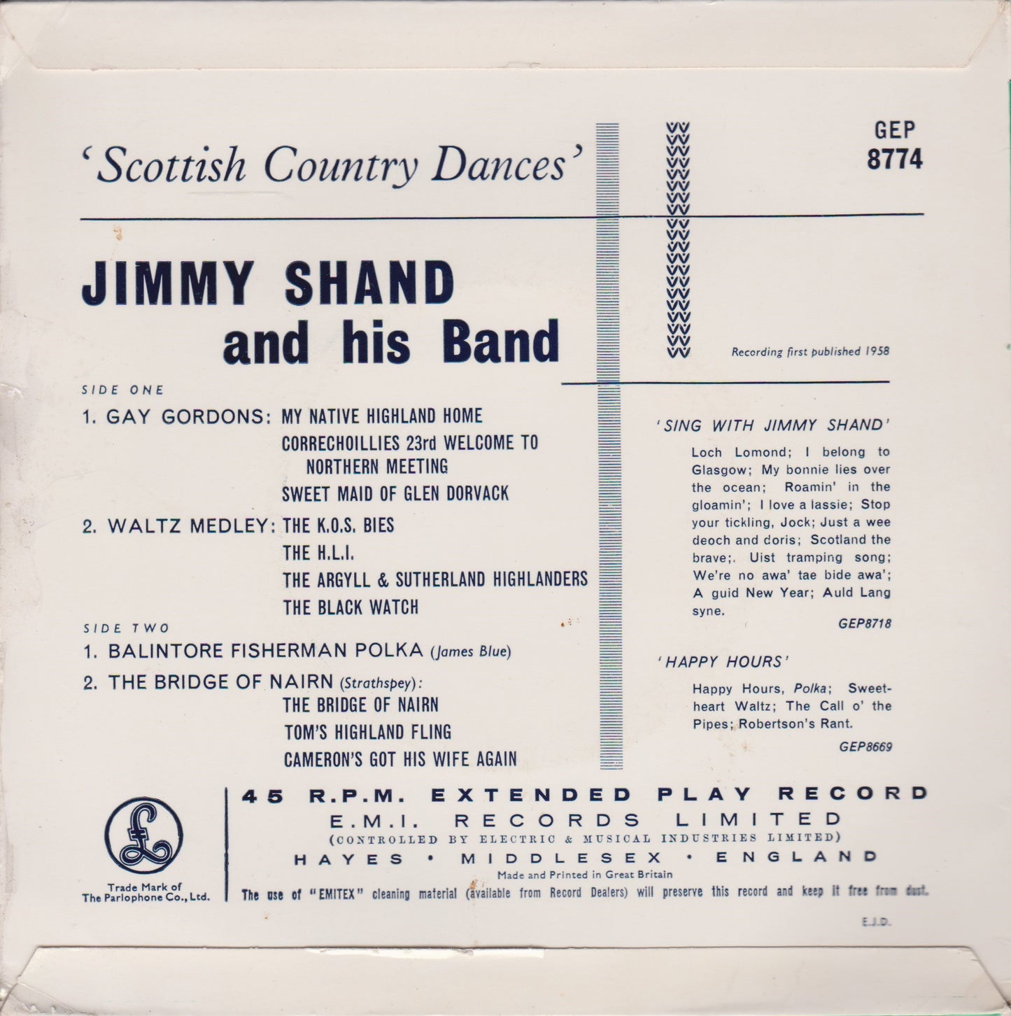 Jimmy Shand And His Band – Scottish Country Dances 7" vinyl P/S EP VG/VG