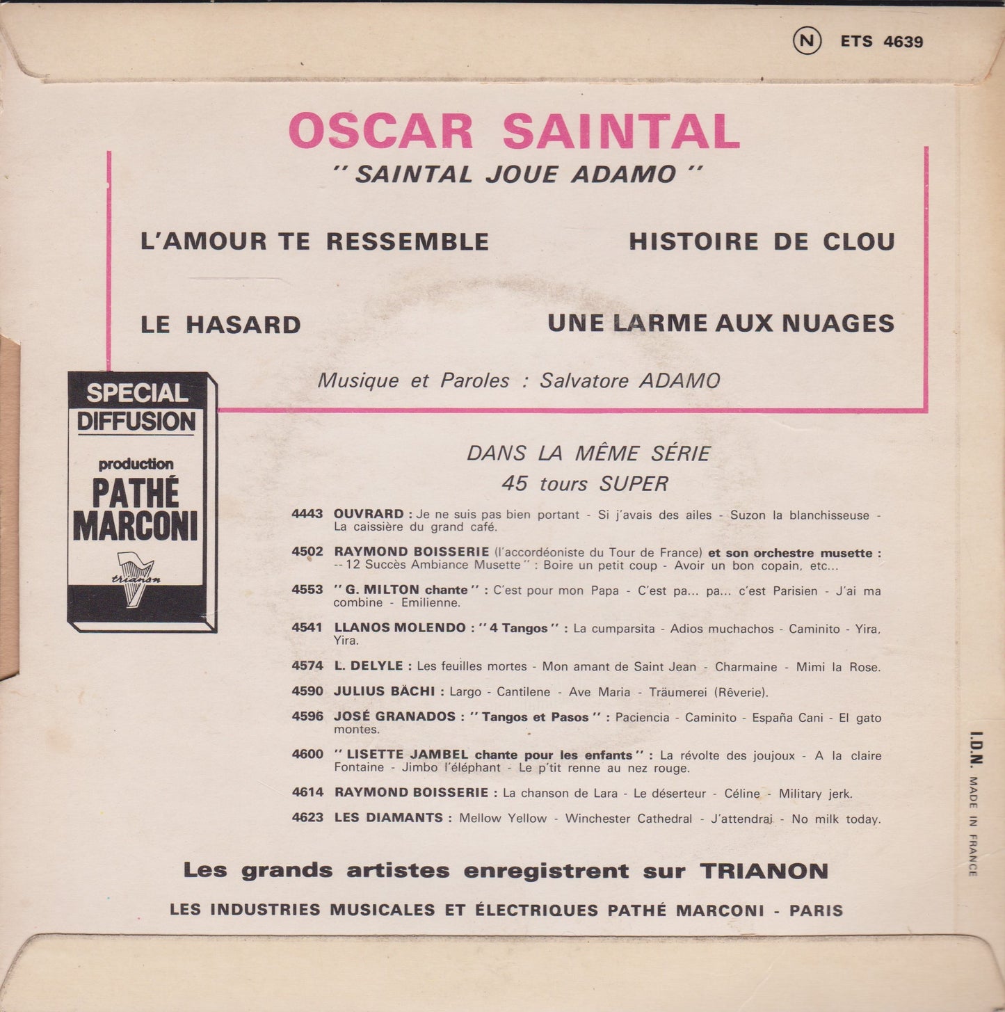 Saintal Son Accordéon Et Sa Grande Formation – 4 Succès D’Adamo 7" vinyl EP French import