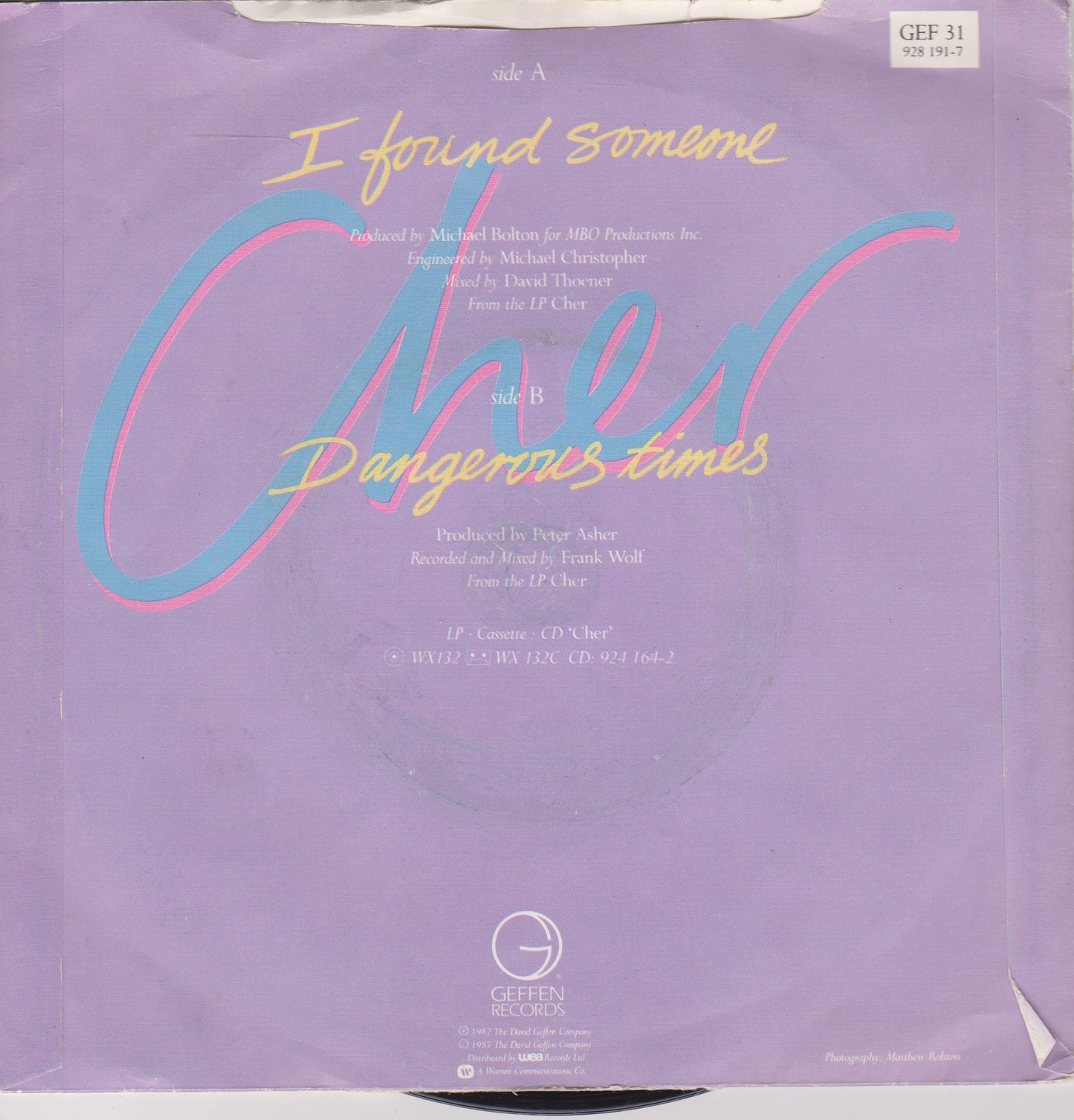 Cher – I Found Someone (Geffen 1987) 7" vinyl P/S single VG/VG