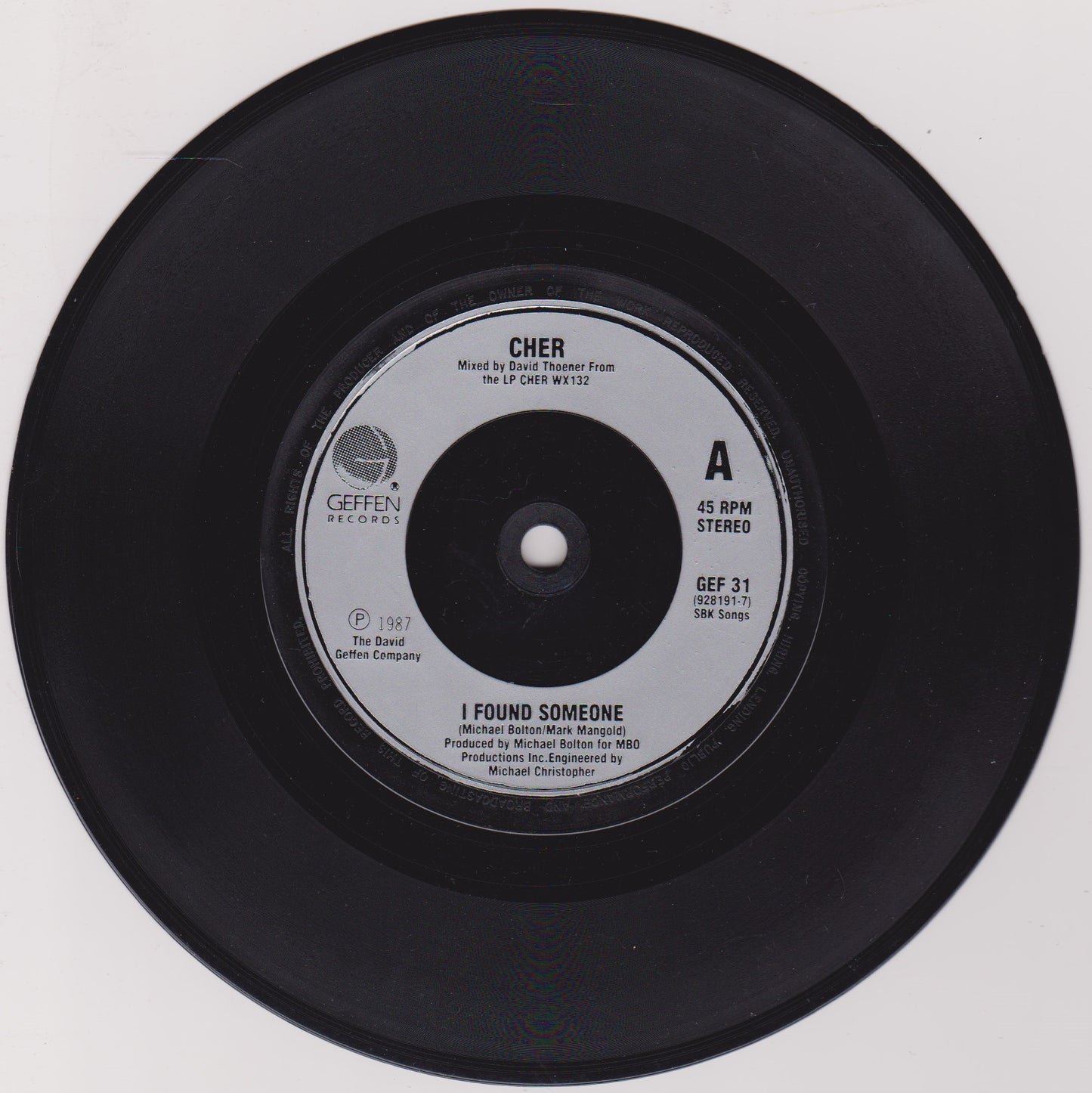Cher – I Found Someone (Geffen 1987) 7" vinyl P/S single VG/VG