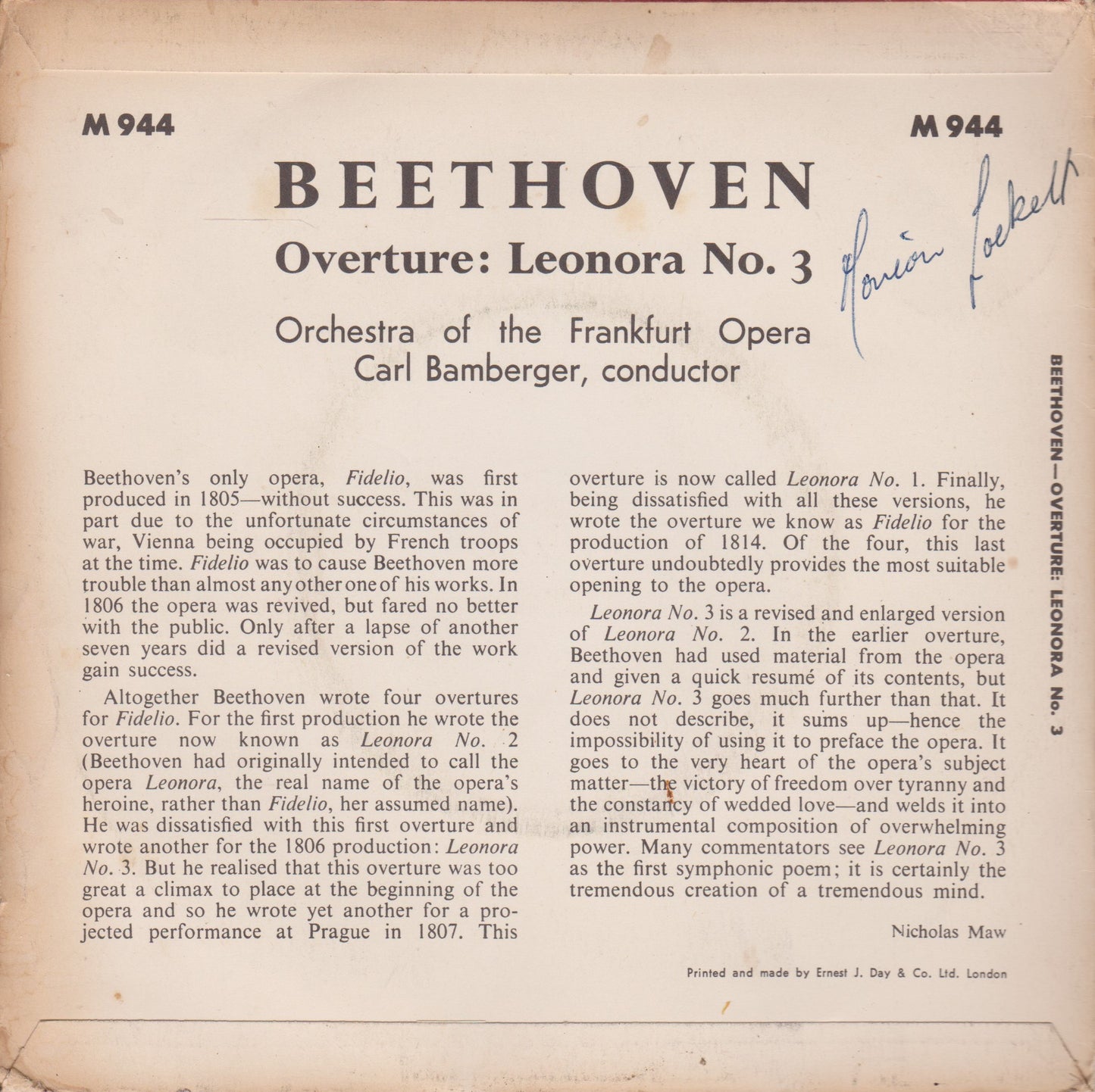 Beethoven, Carl Bamberger – Leonora Overture Nº 3 7" vinyl P/S EP VG/VG