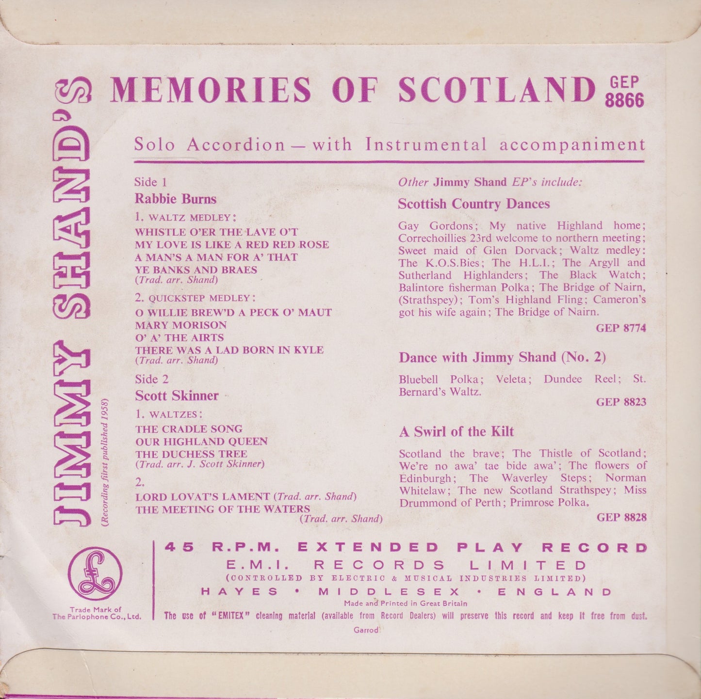 Jimmy Shand And His Band – Jimmy Shand's Memories Of Scotland 7" vinyl EP VG/VG