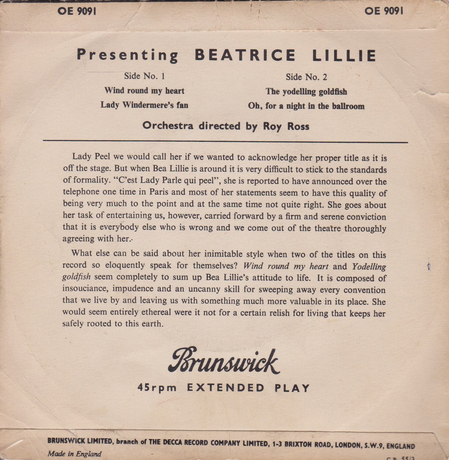 Beatrice Lillie – Presenting Beatrice Lillie (Brunswick) 7" vinyl P/S EP VG/VG