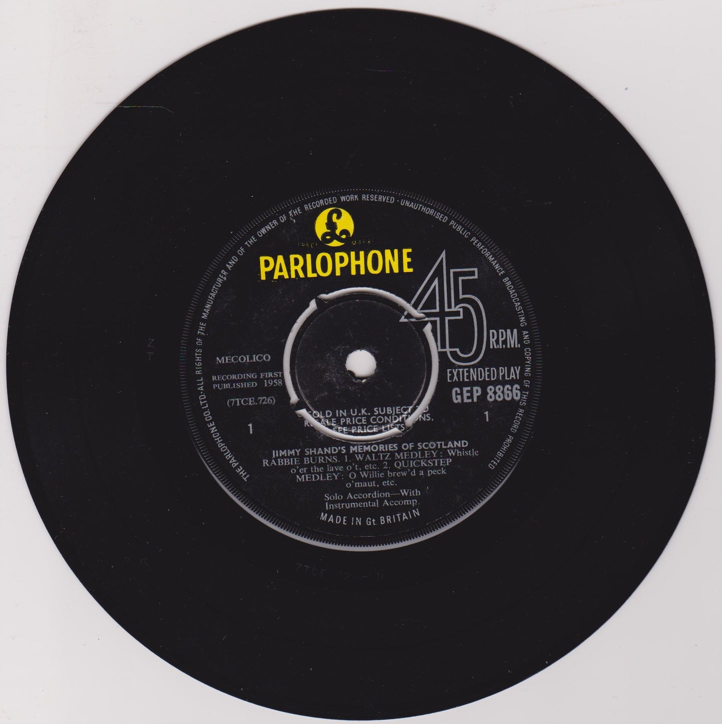 Jimmy Shand And His Band – Jimmy Shand's Memories Of Scotland 7" vinyl EP VG/VG