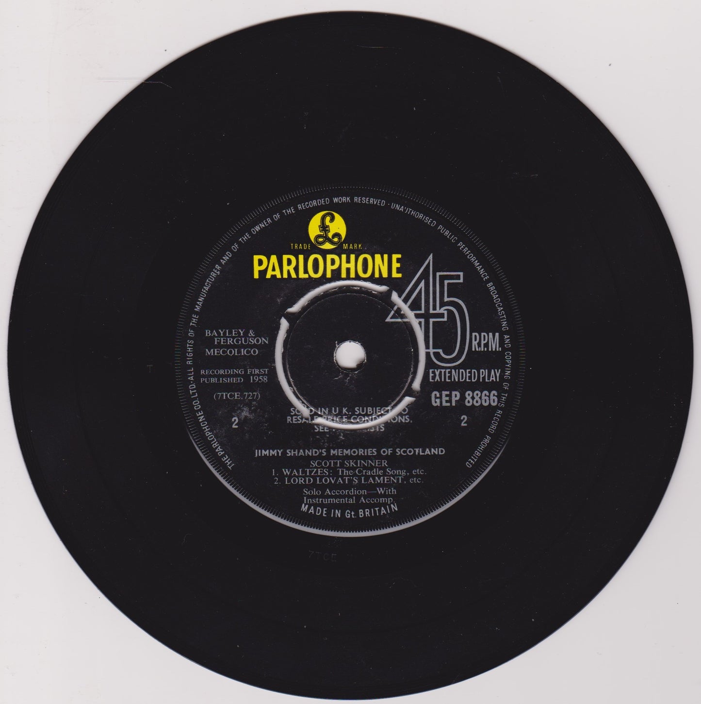 Jimmy Shand And His Band – Jimmy Shand's Memories Of Scotland 7" vinyl EP VG/VG