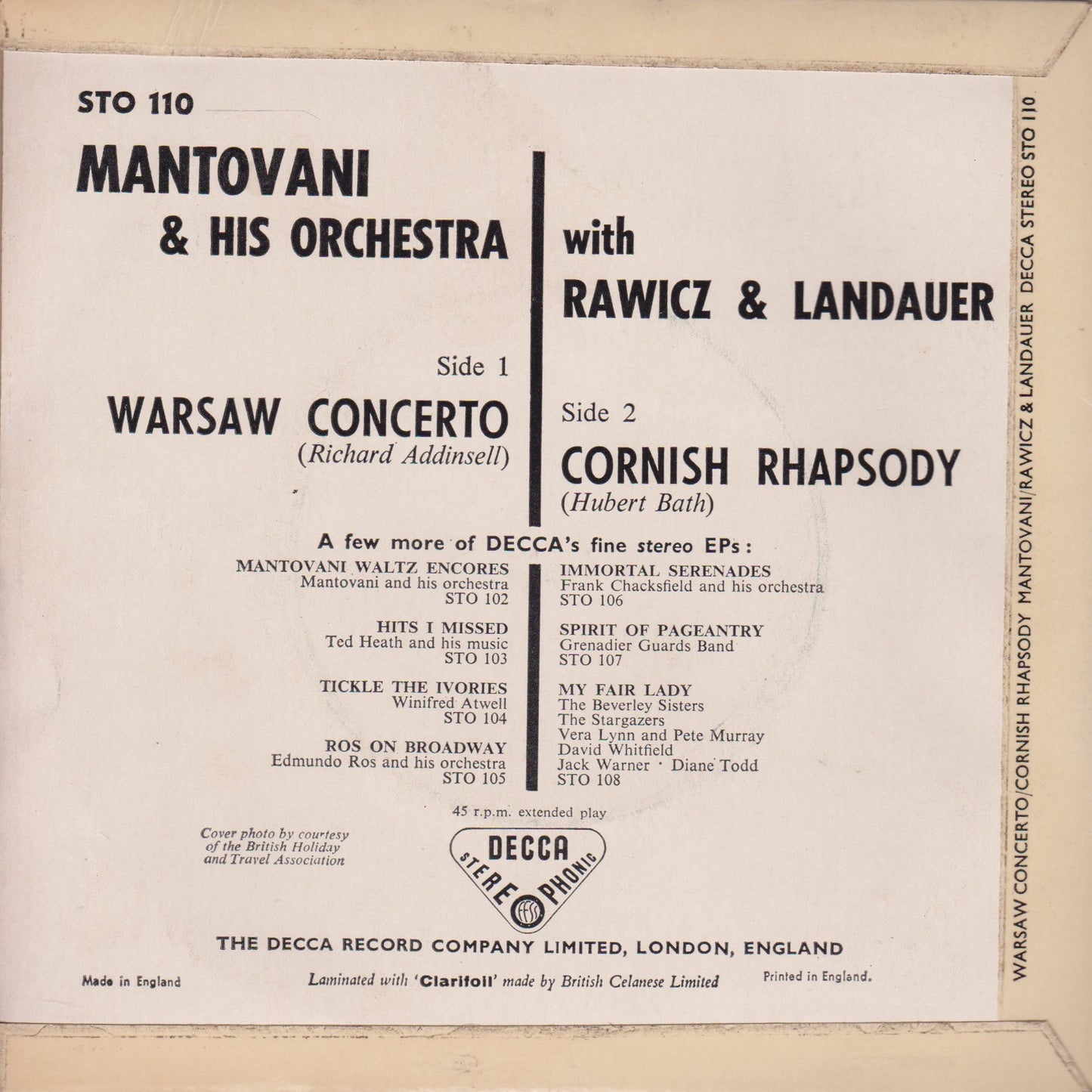 Mantovani And His Orchestra With Rawicz & Landauer – Warsaw Concerto / Cornish Rhapsody EP VG