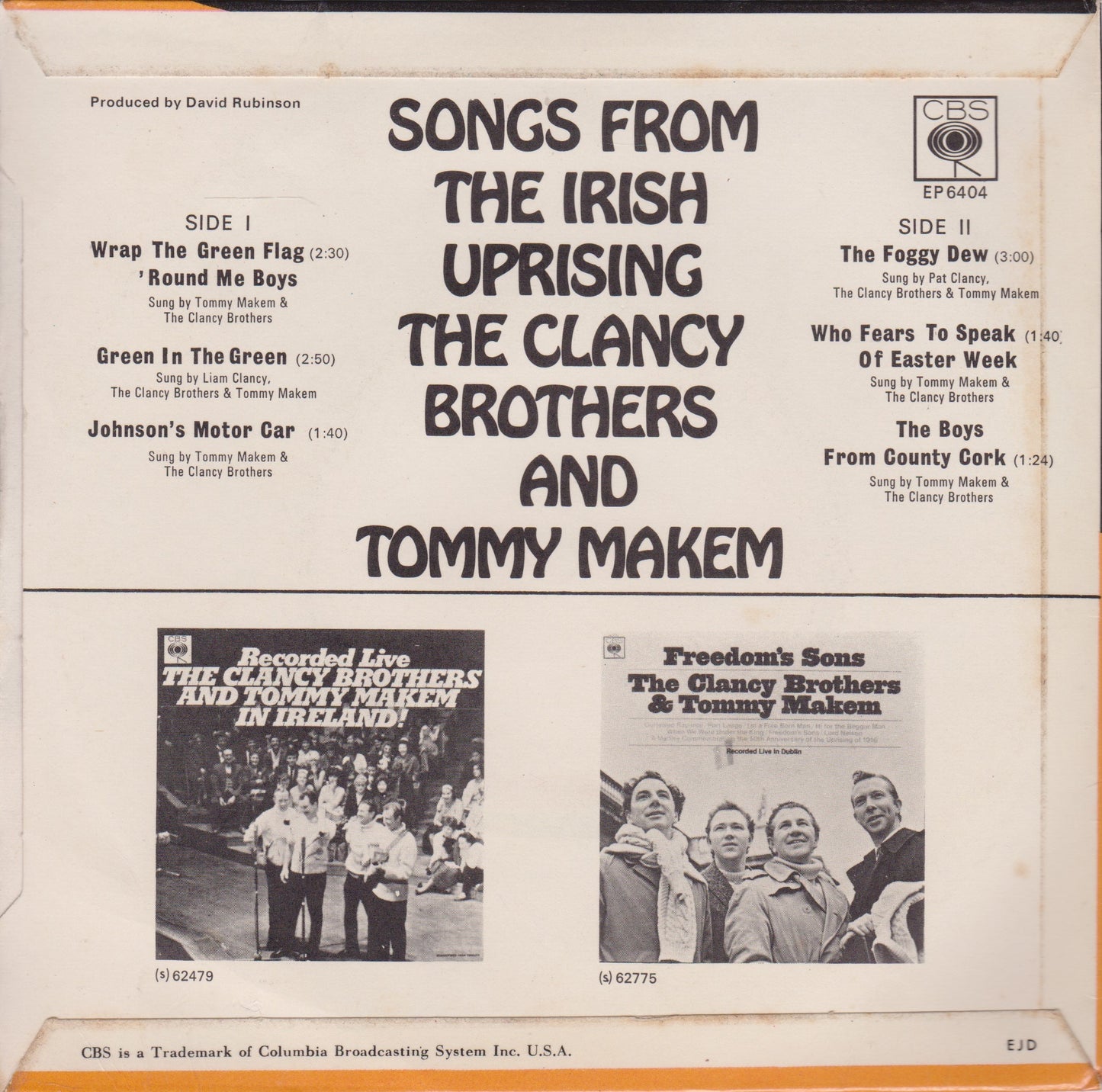 The Clancy Brothers & Tommy Makem – Songs From The Irish Uprising 7" vinyl P/S EP VG/VG