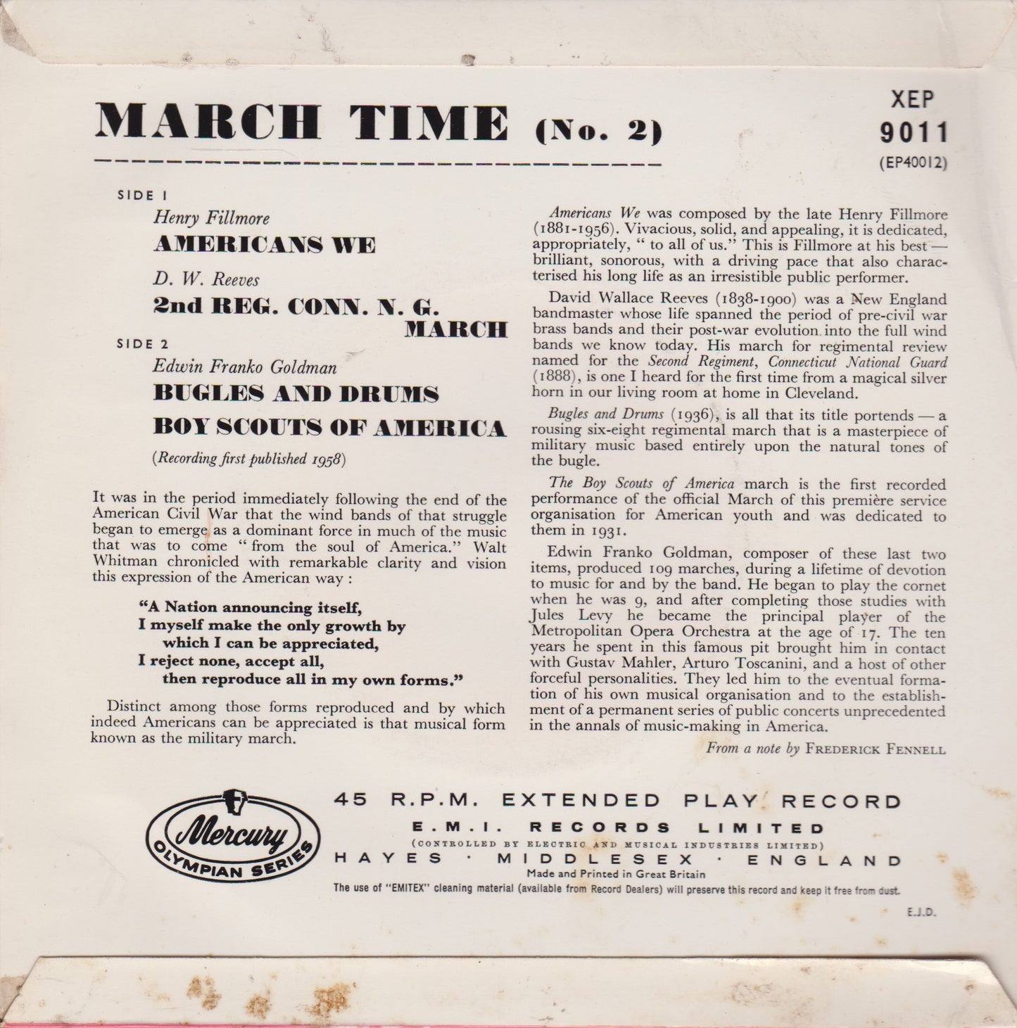 Frederick Fennell And Eastman Wind Ensemble – March Time No.2 7" vinyl EP G+/VG