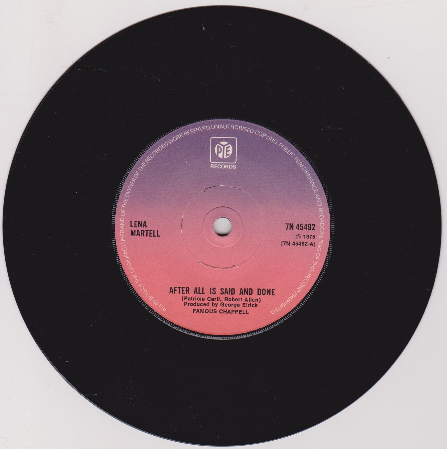 Lena Martell – After All Is Said And Done (Pye 1975) 7" vinyl single VG/VG
