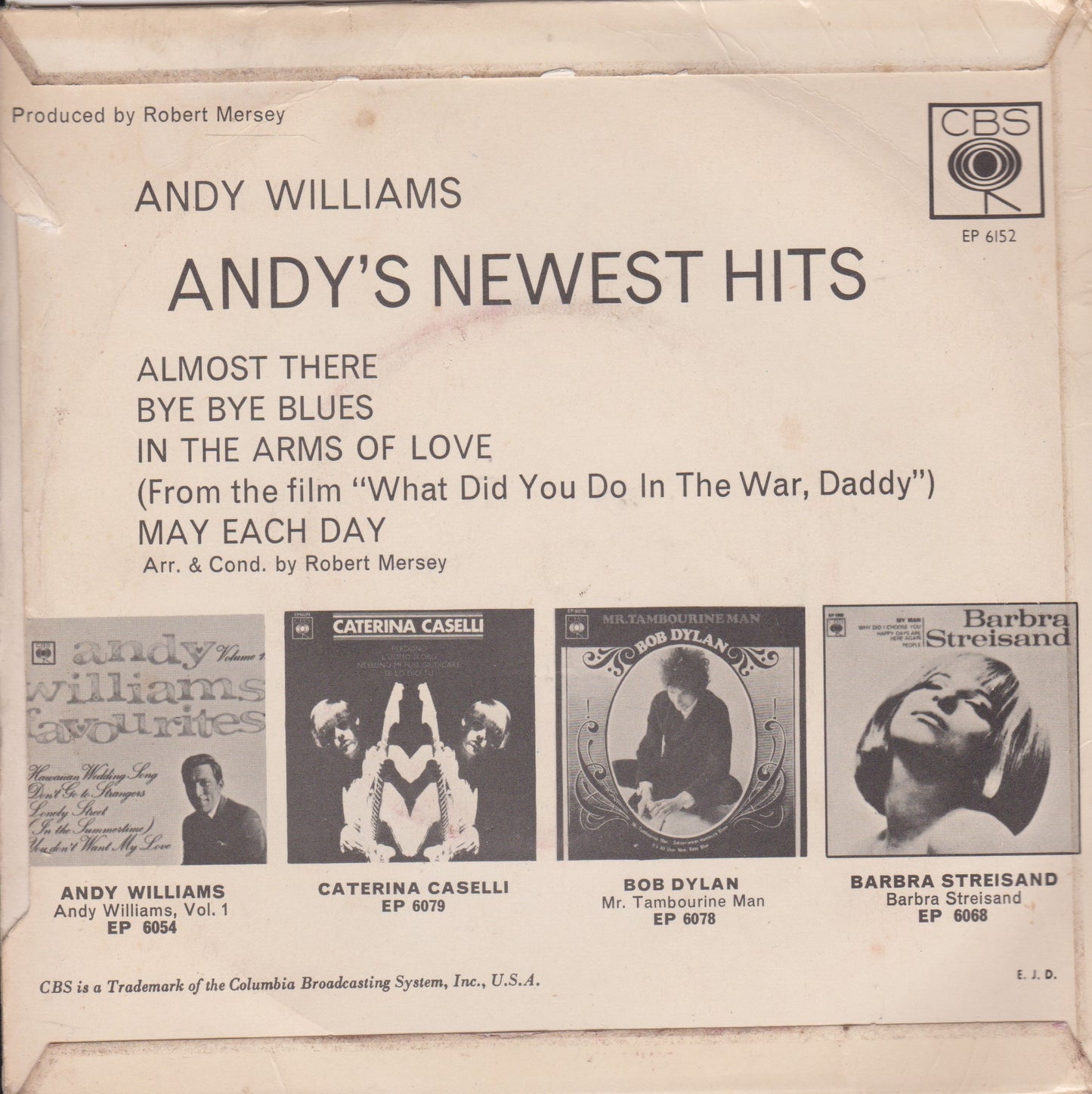 Andy Williams – Andy's Newest Hits (CBS 1966) 7" vinyl P/S EP VG/VG