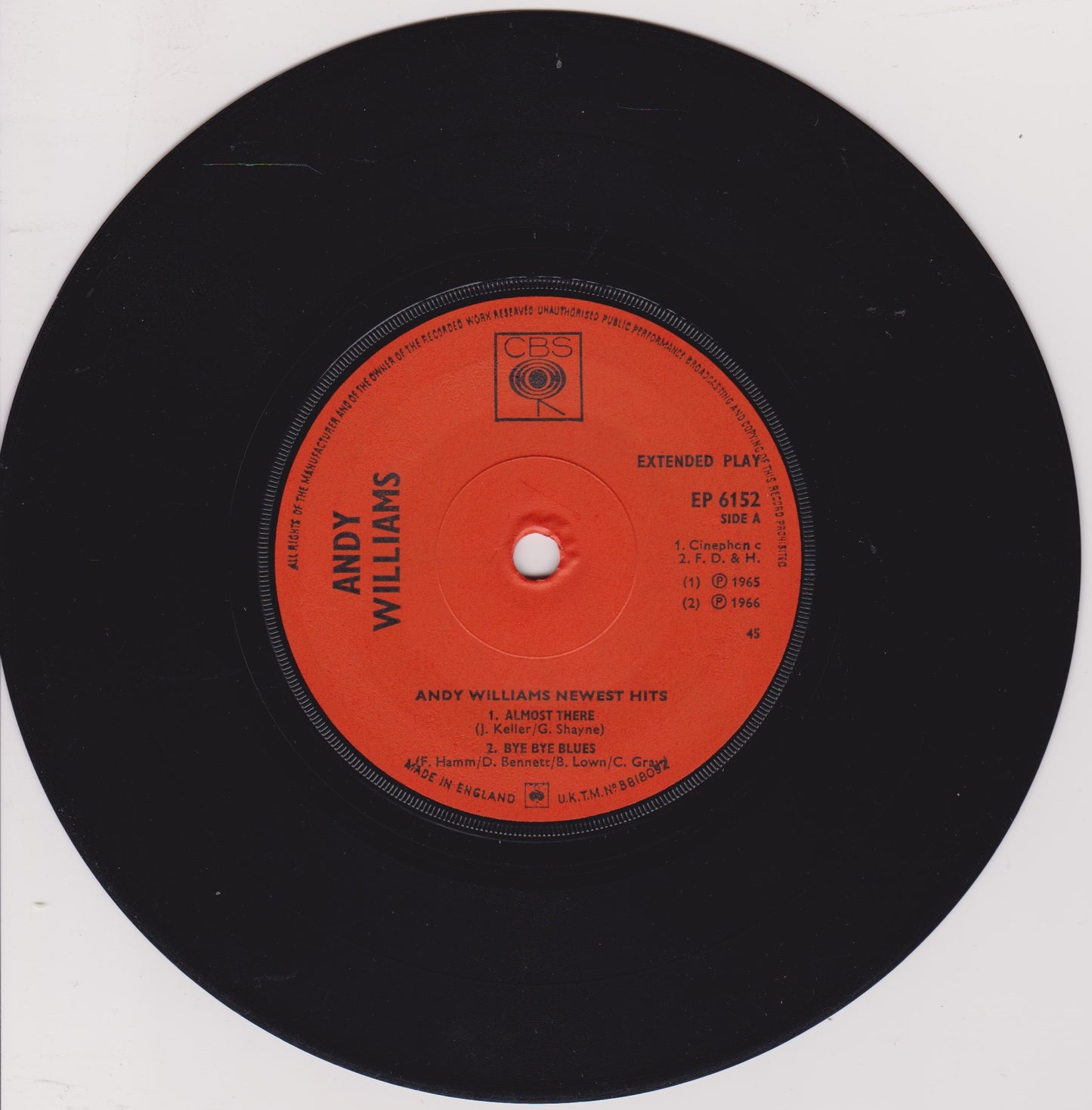 Andy Williams – Andy's Newest Hits (CBS 1966) 7" vinyl P/S EP VG/VG