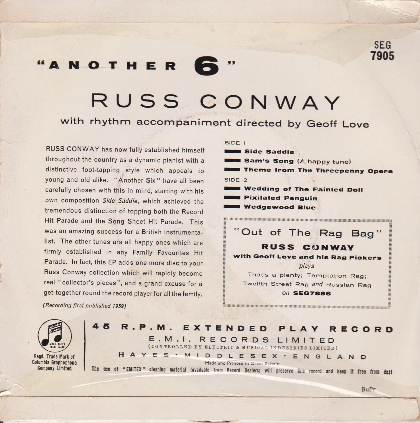 Russ Conway – Another Six (Columbia 1959) 7" vinyl P/S EP VG/VG