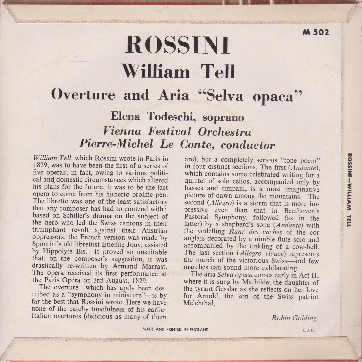 Rossini - William Tell: Overture And Aria "Selva Opaca" 7" vinyl P/S EP VG/VG