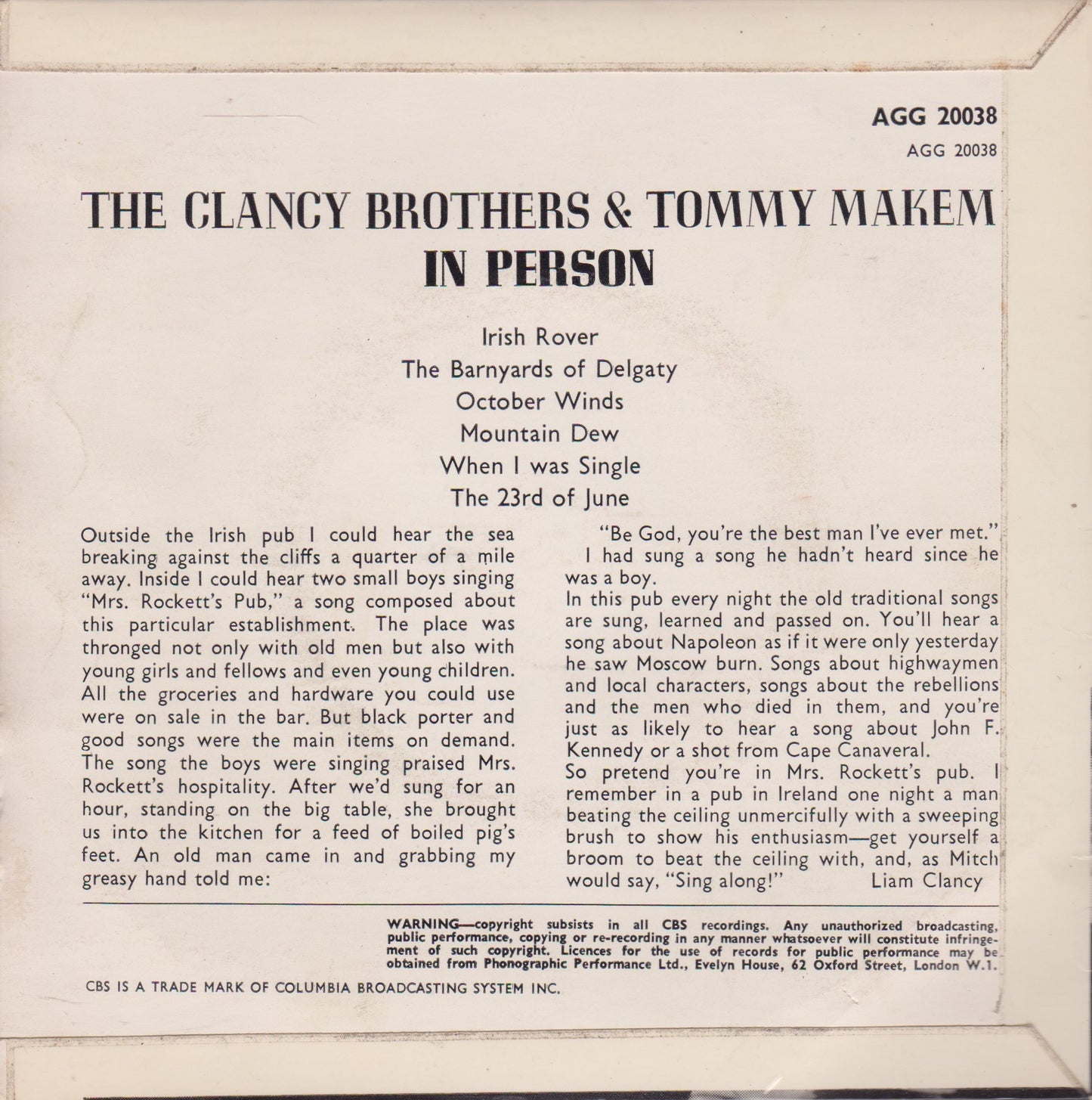 The Clancy Brothers & Tommy Makem – In Person 7" vinyl P/S EP VG/VG