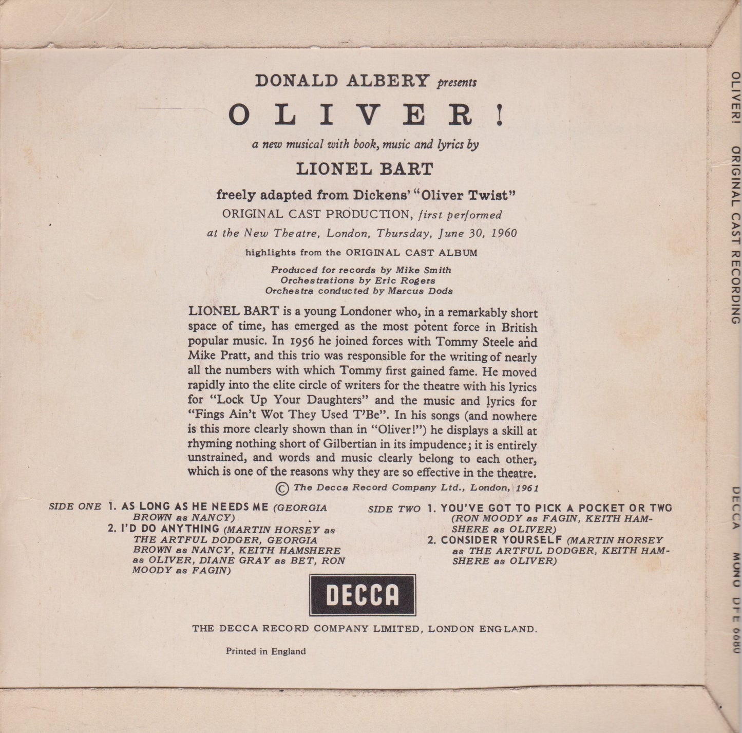 Lionel Bart – Oliver! (Decca 1961) 7" vinyl P/S EP VG/VG