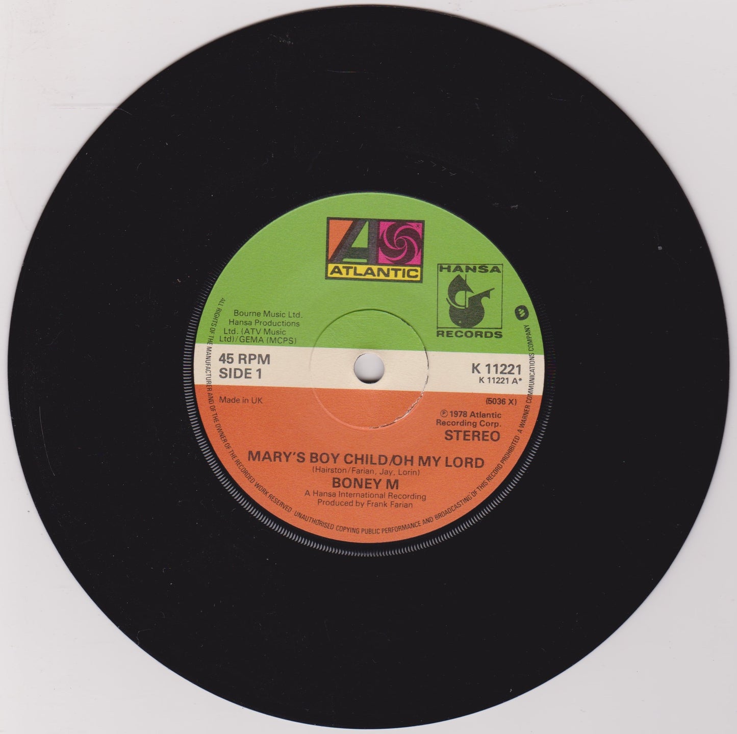 Boney M – Mary's Boy Child (Atlantic 1978) 7" vinyl single VG/-