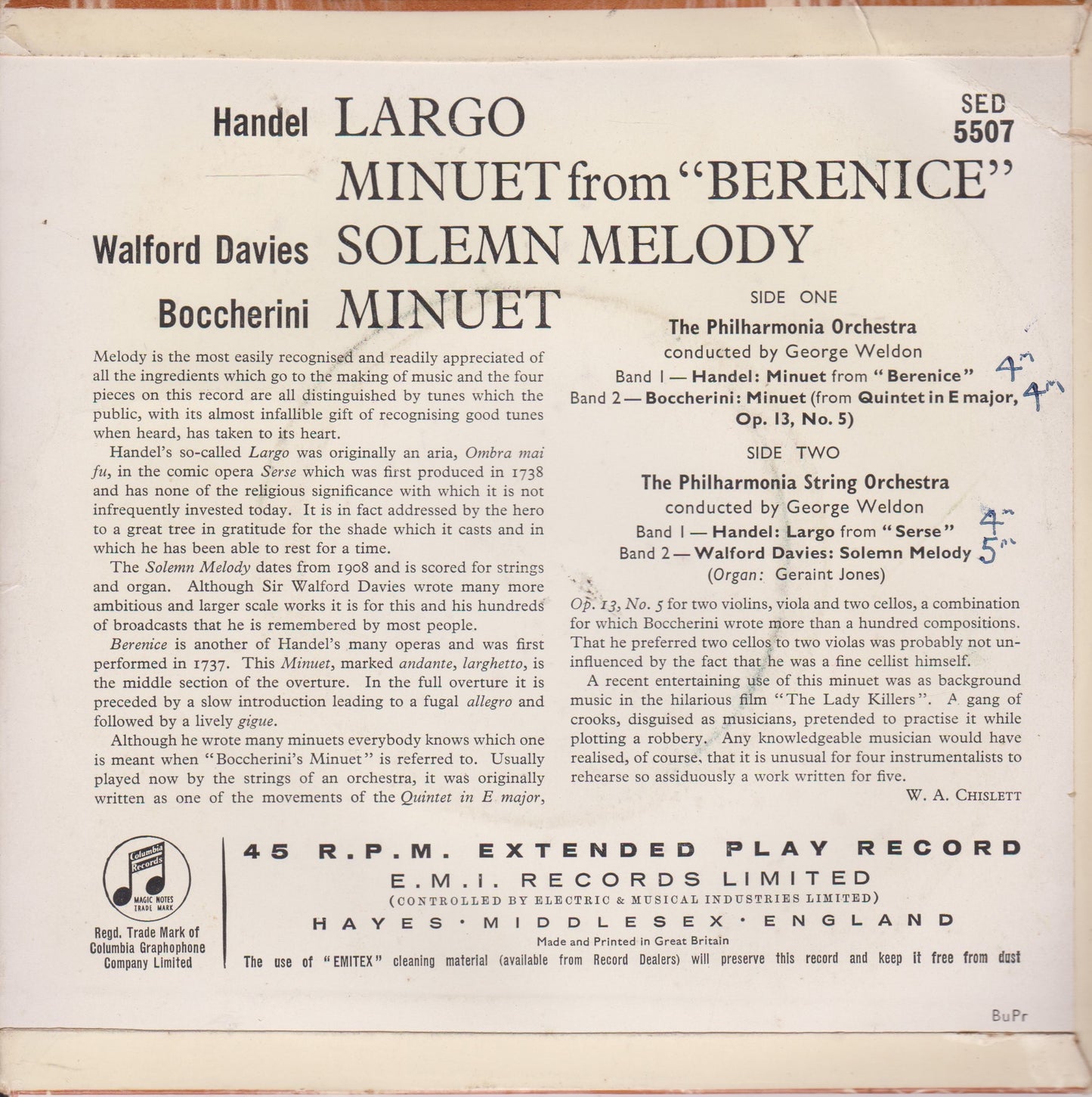 George Weldon, Philharmonia Orchestra – Largo / Solemn Melody 7" vinyl P/S EP VG/VG