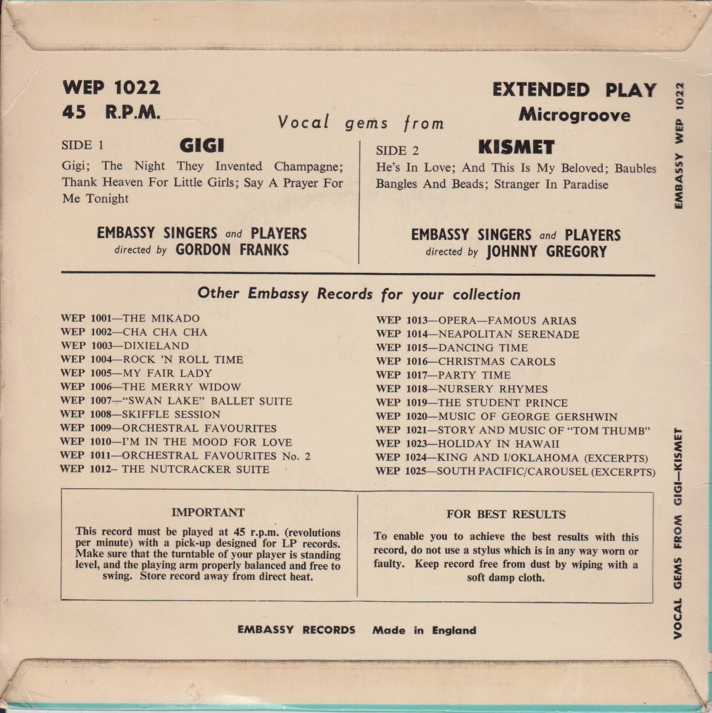 Embassy Singers & Players – Vocal Gems From The Films “Gigi” & “Kismet” 7" vinyl P/S EP VG/VG