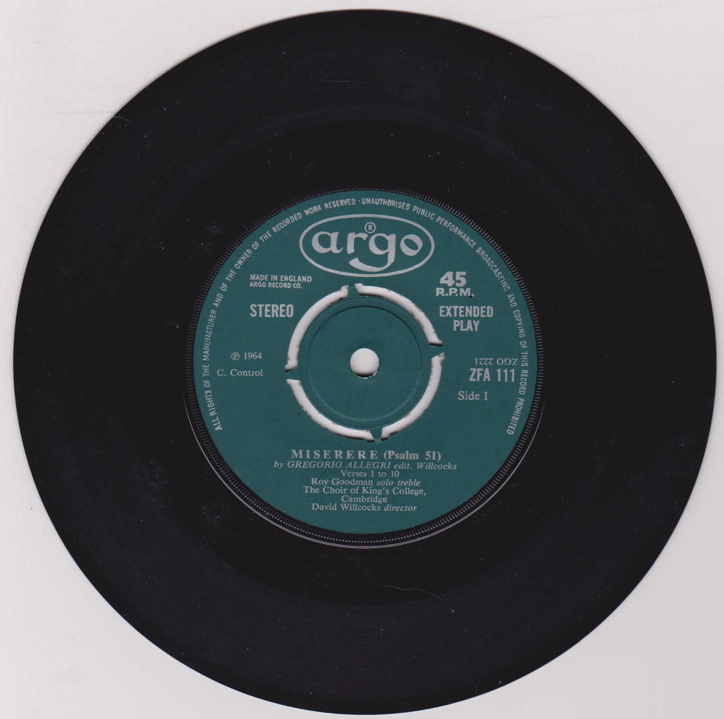 Allegri, The Choir Of King's College Cambridge – Miserere (Argo 1964) 7" vinyl P/S EP VG/VG