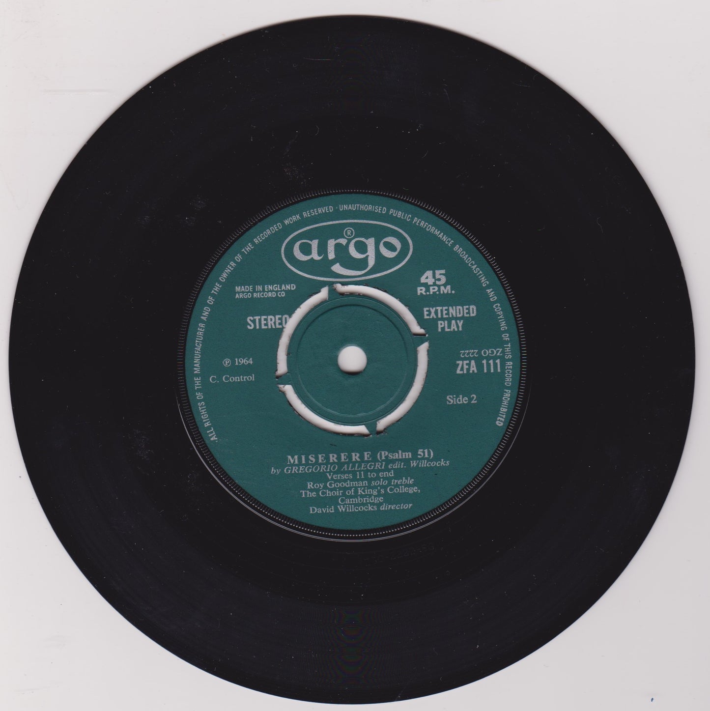 Allegri, The Choir Of King's College Cambridge – Miserere (Argo 1964) 7" vinyl P/S EP VG/VG