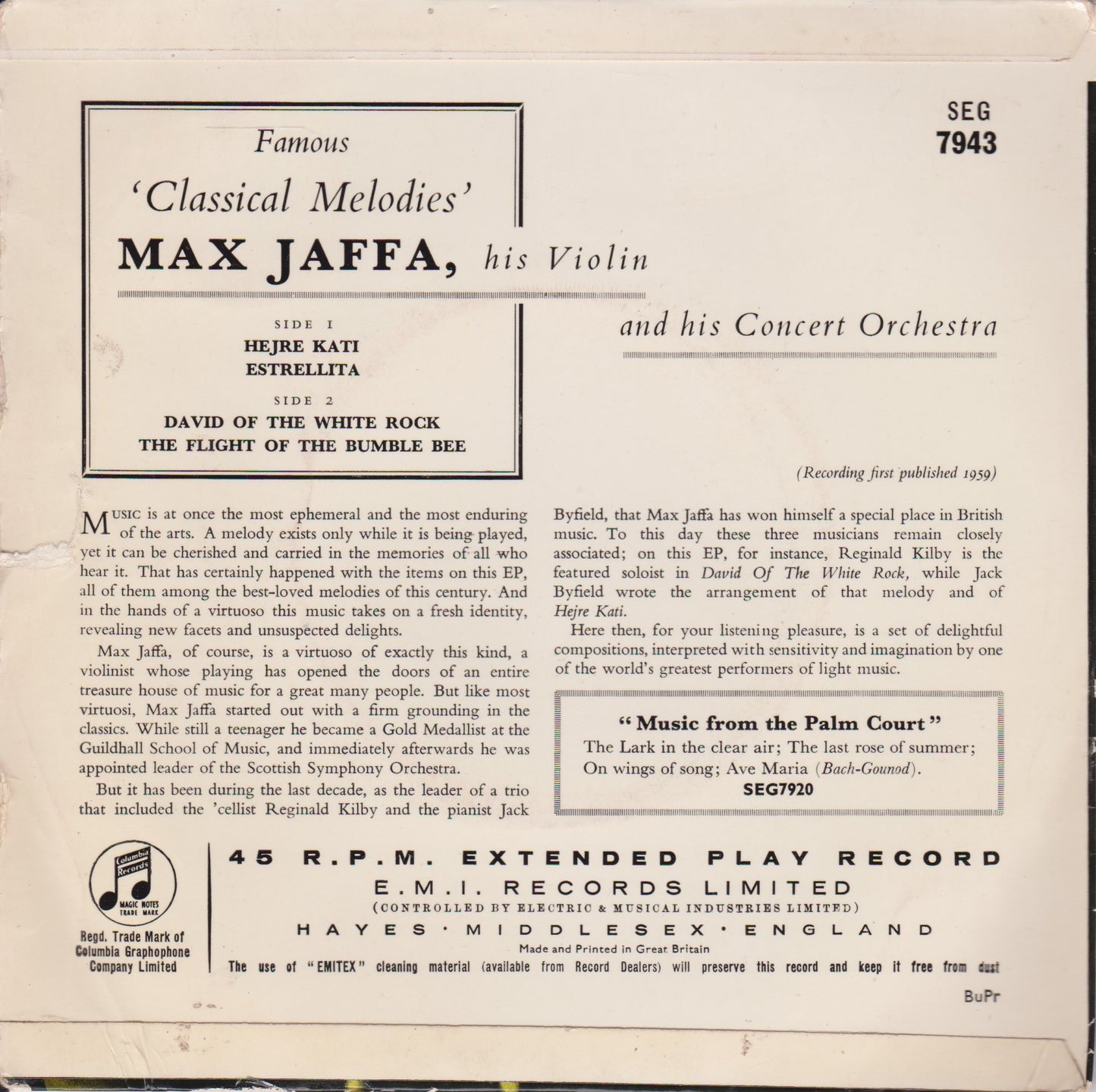 Max Jaffa – Famous Classical Melodies (Columbia) 7" vinyl P/S EP VG/VG