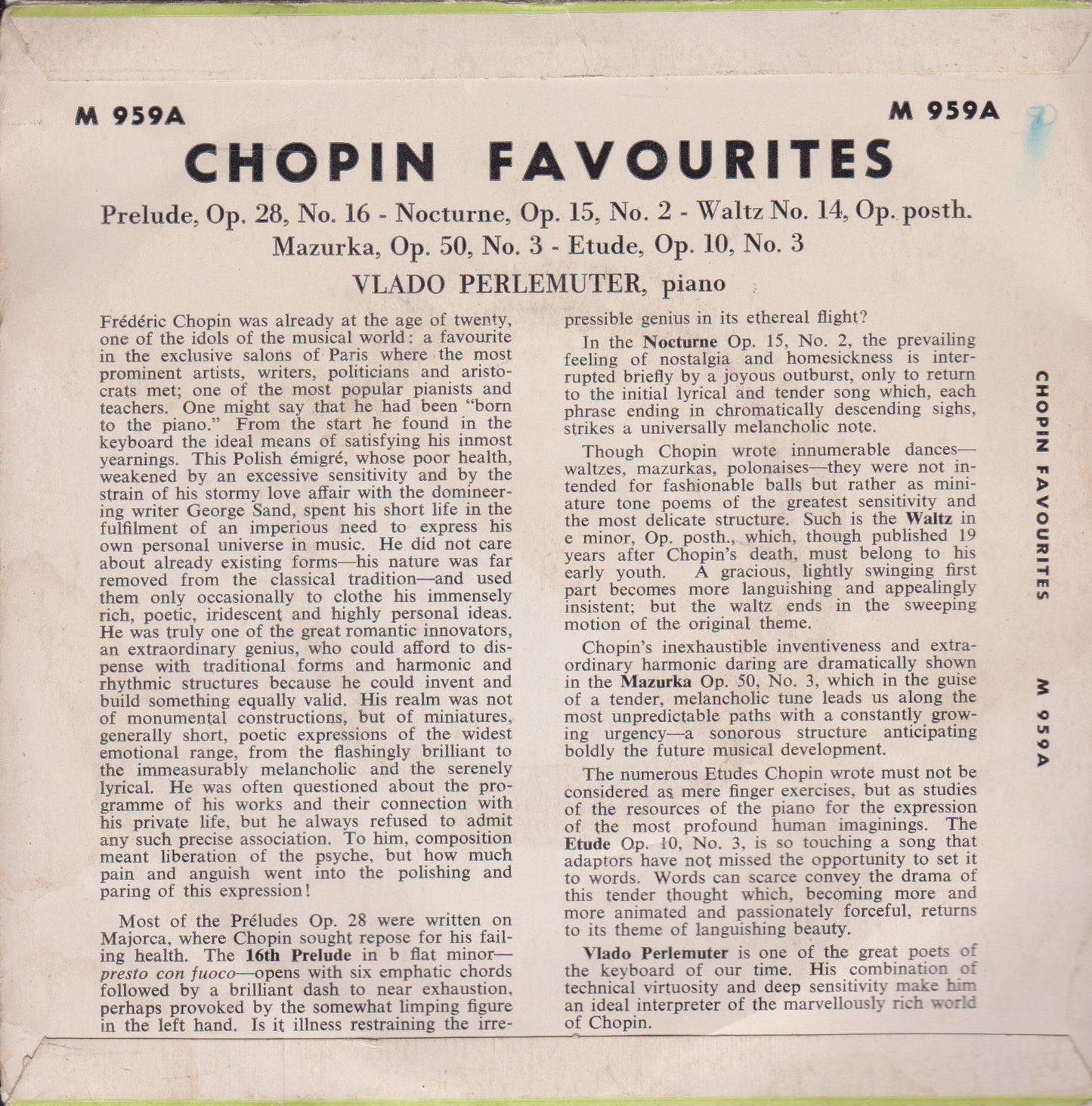 Chopin, Vlado Perlemuter – Chopin Favourites (1961) 7" vinyl P/S EP VG/VG