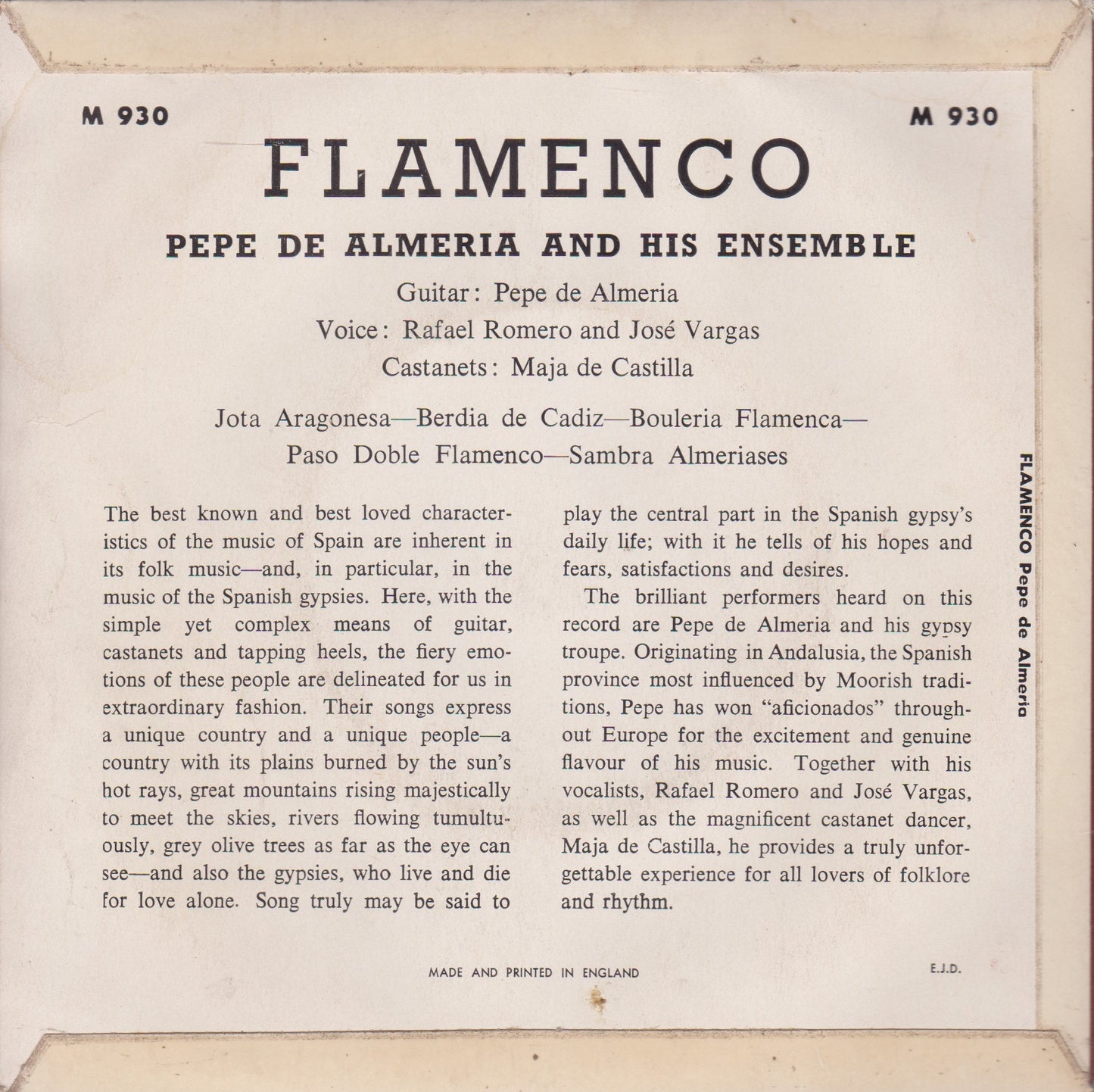 Pepe De Almeria And His Ensemble – Flamenco 7" vinyl P/S EP VG/VG